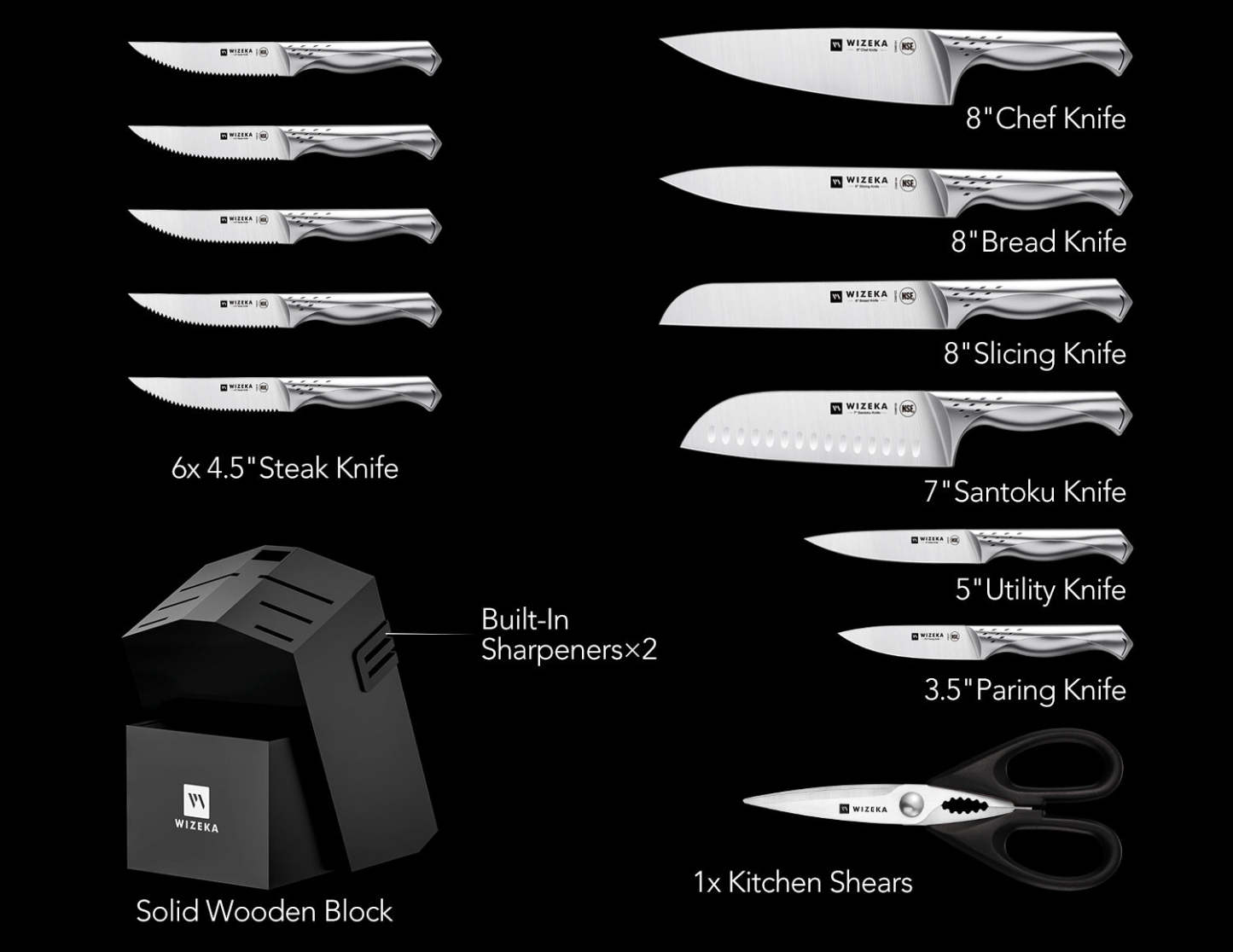 Kitchen Knife Set with Block 15PCS - Jaguar Series - wizeka