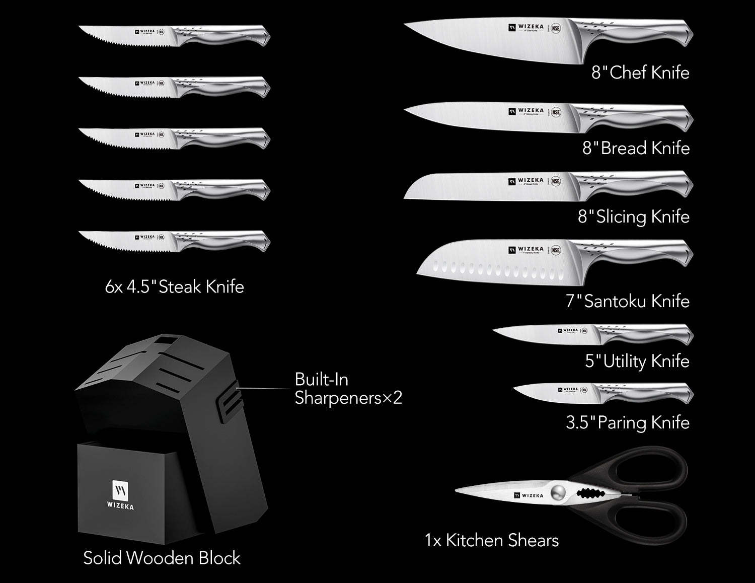 Kitchen Knife Set with Block 15PCS - Jaguar Series - wizeka