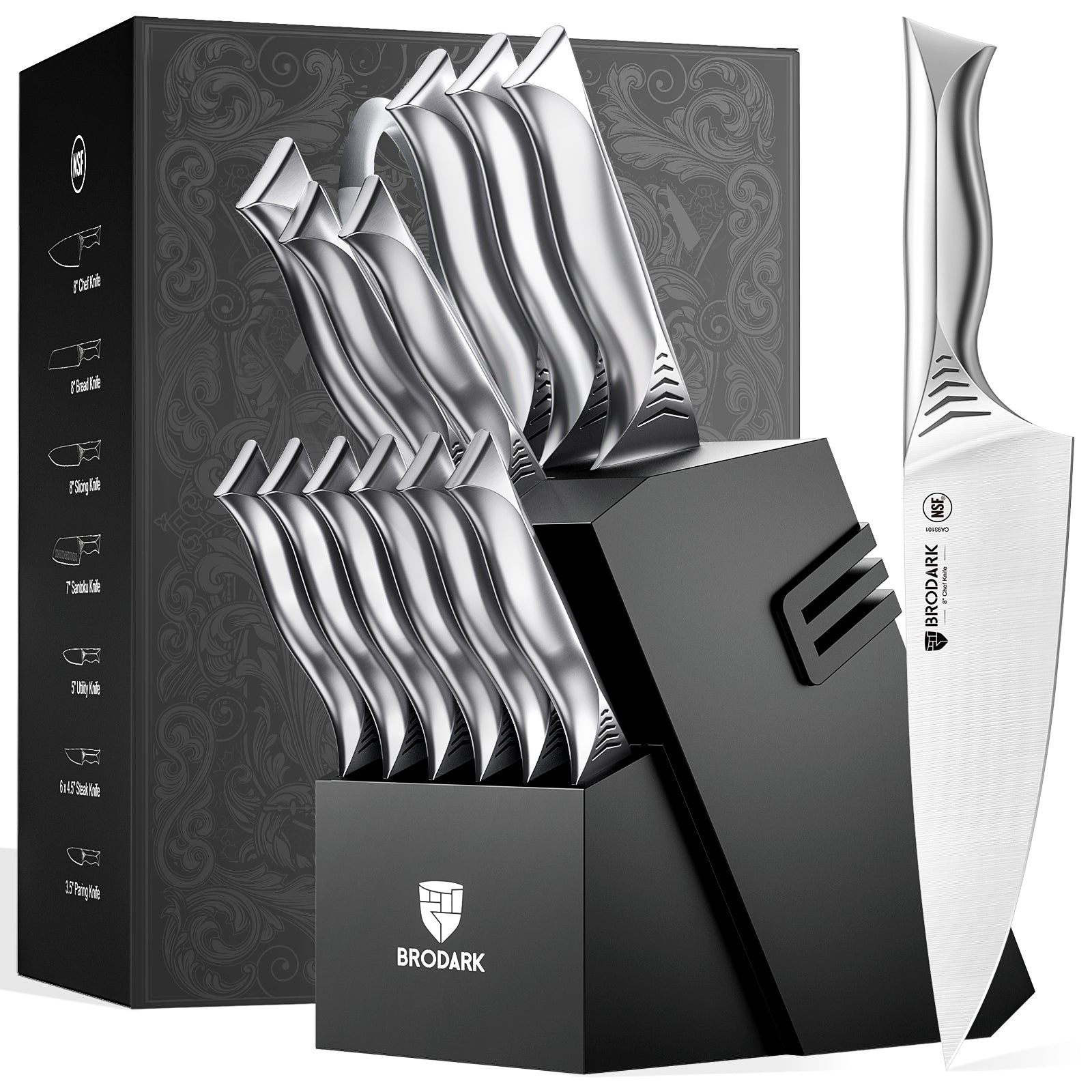 Kitchen Knife Set with Block 15PCS - Shark Series - Brodark