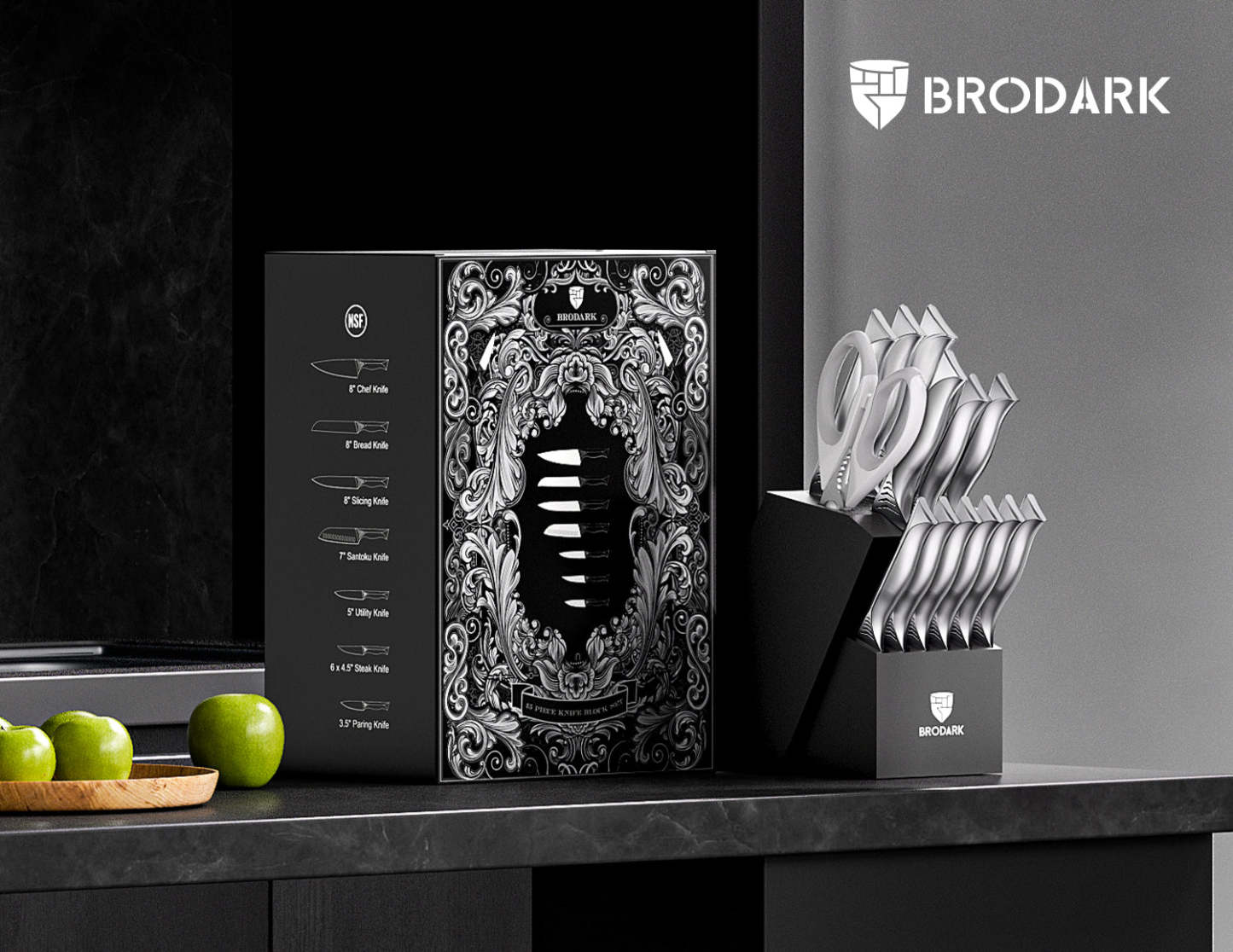 Kitchen Knife Set with Block 15PCS - Shark Series - Brodark