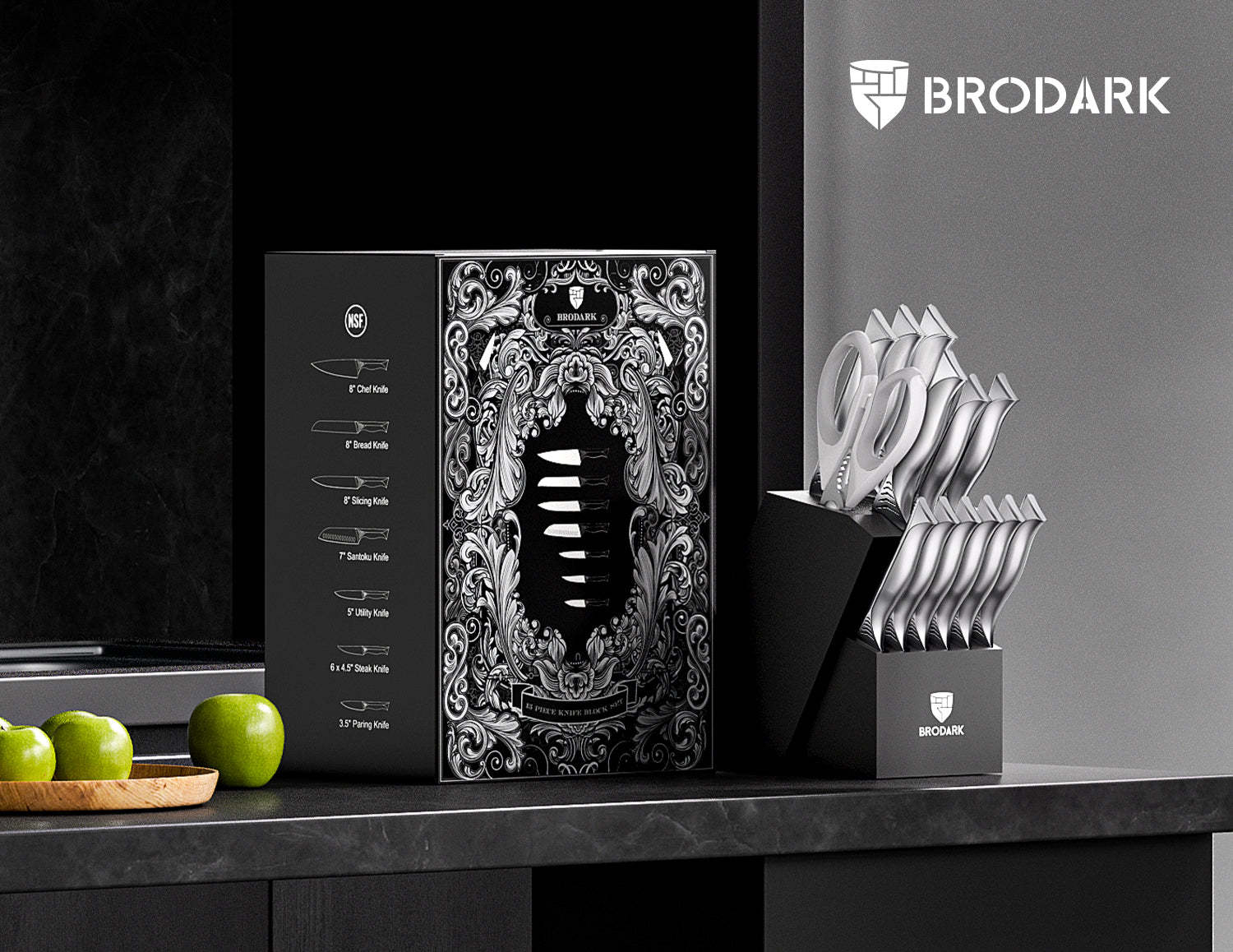 Kitchen Knife Set with Block 15PCS - Shark Series - Brodark