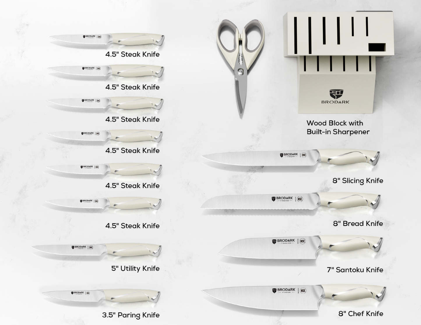 Kitchen Knife Set with Block 15PCS - Ivory Series - Brodark