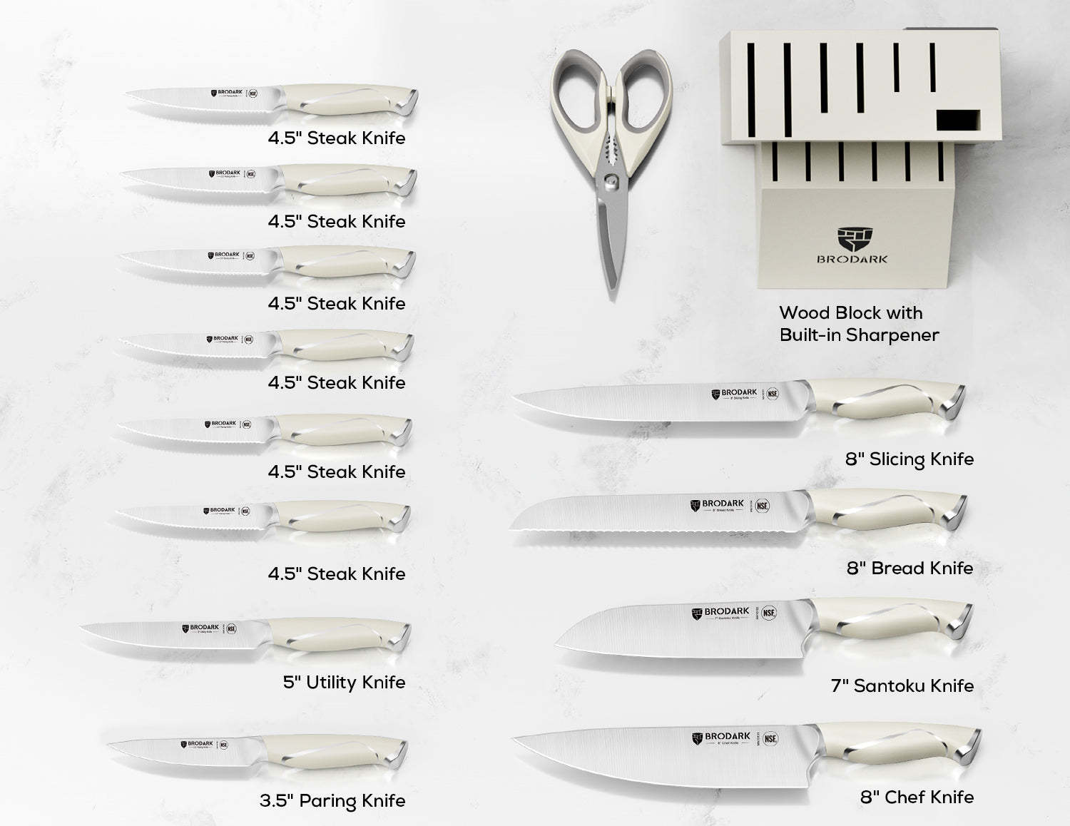 Kitchen Knife Set with Block 15PCS - Ivory Series - Brodark