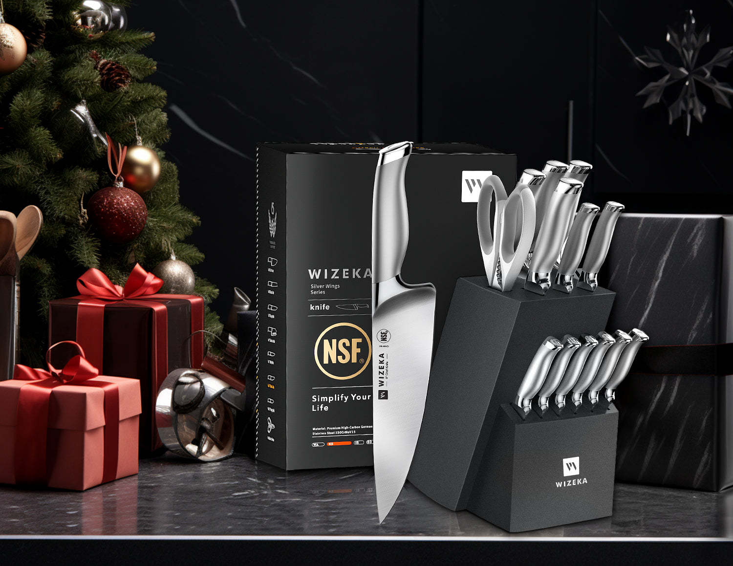 Kitchen Knife Set with Block 15PCS - Silver Wings Series - wizeka