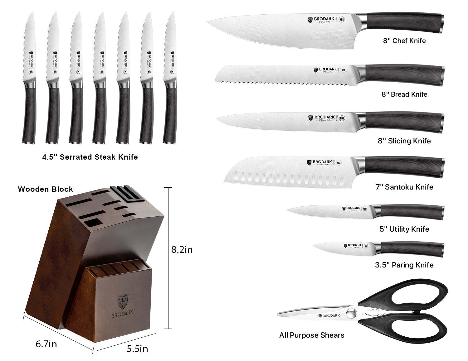 Kitchen Knife Set with Block 15PCS - Wooden Handle - Brodark