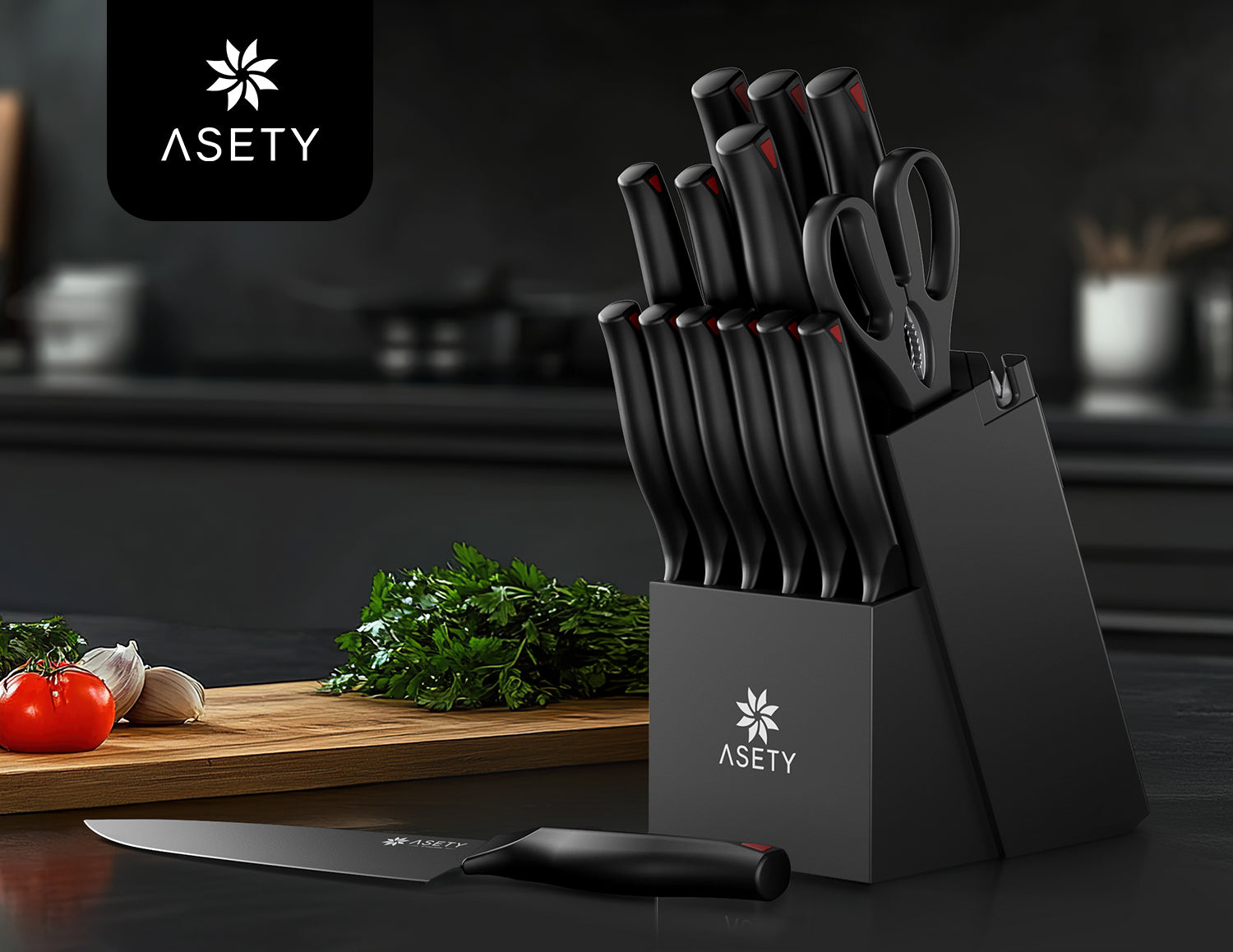 Kitchen Knife Set with Block 15PCS - Black Series - asetyhome