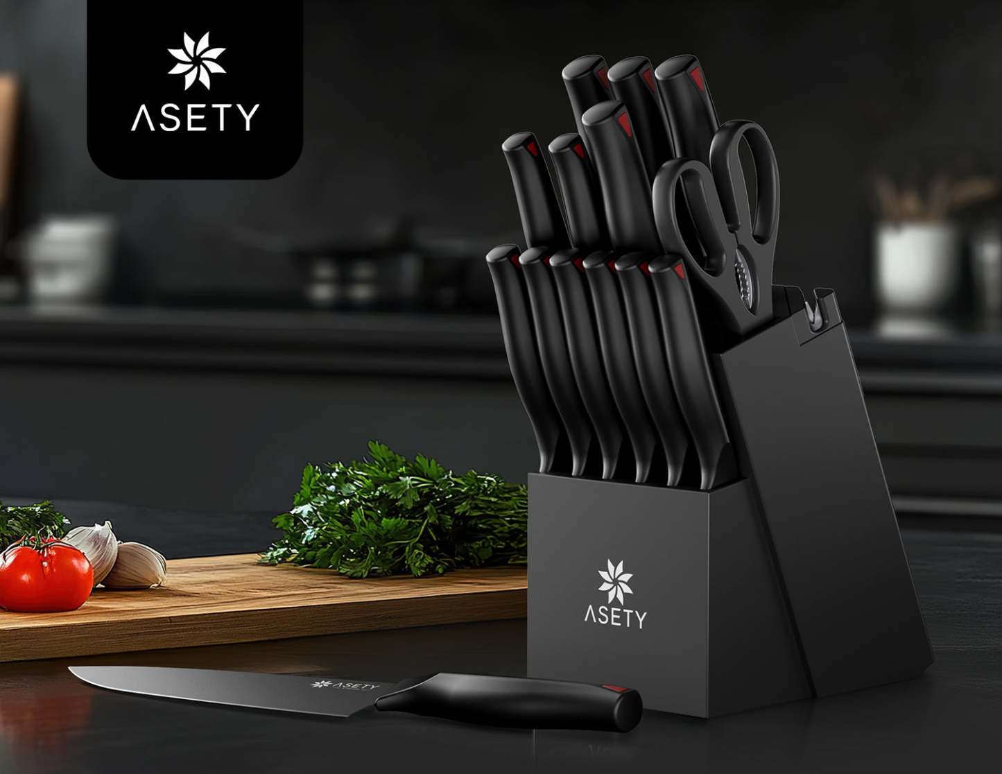 Kitchen Knife Set with Block 15PCS - Black Series - asetyhome