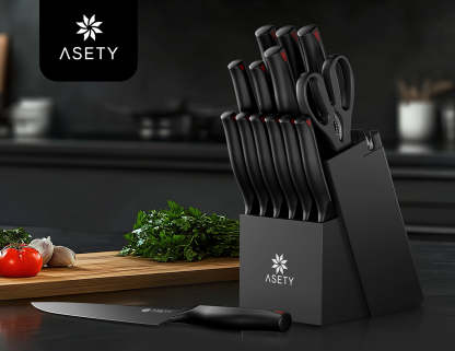 Kitchen Knife Set with Block 15PCS - Black Series - asetyhome
