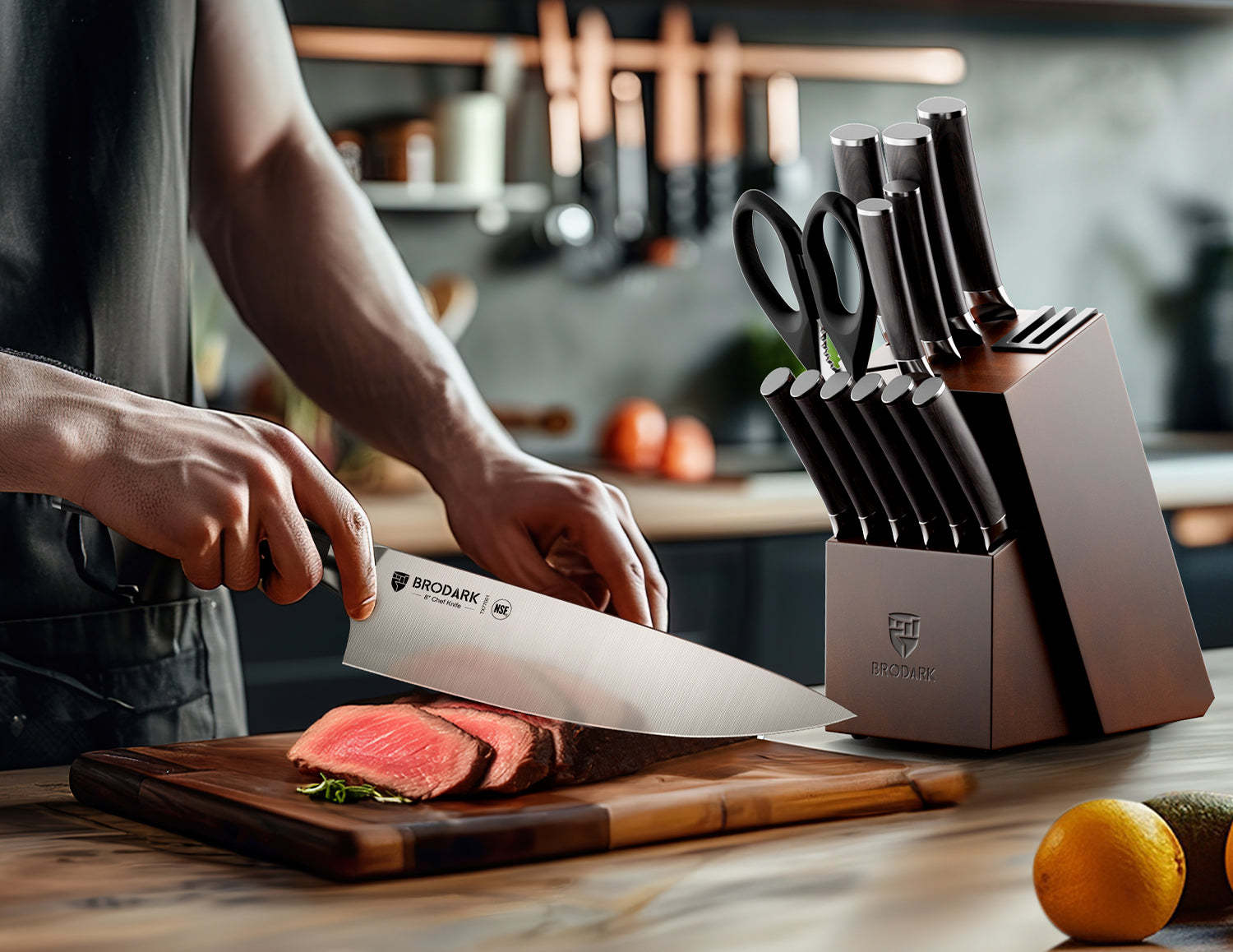 Kitchen Knife Set with Block 15PCS - Wooden Handle - Brodark