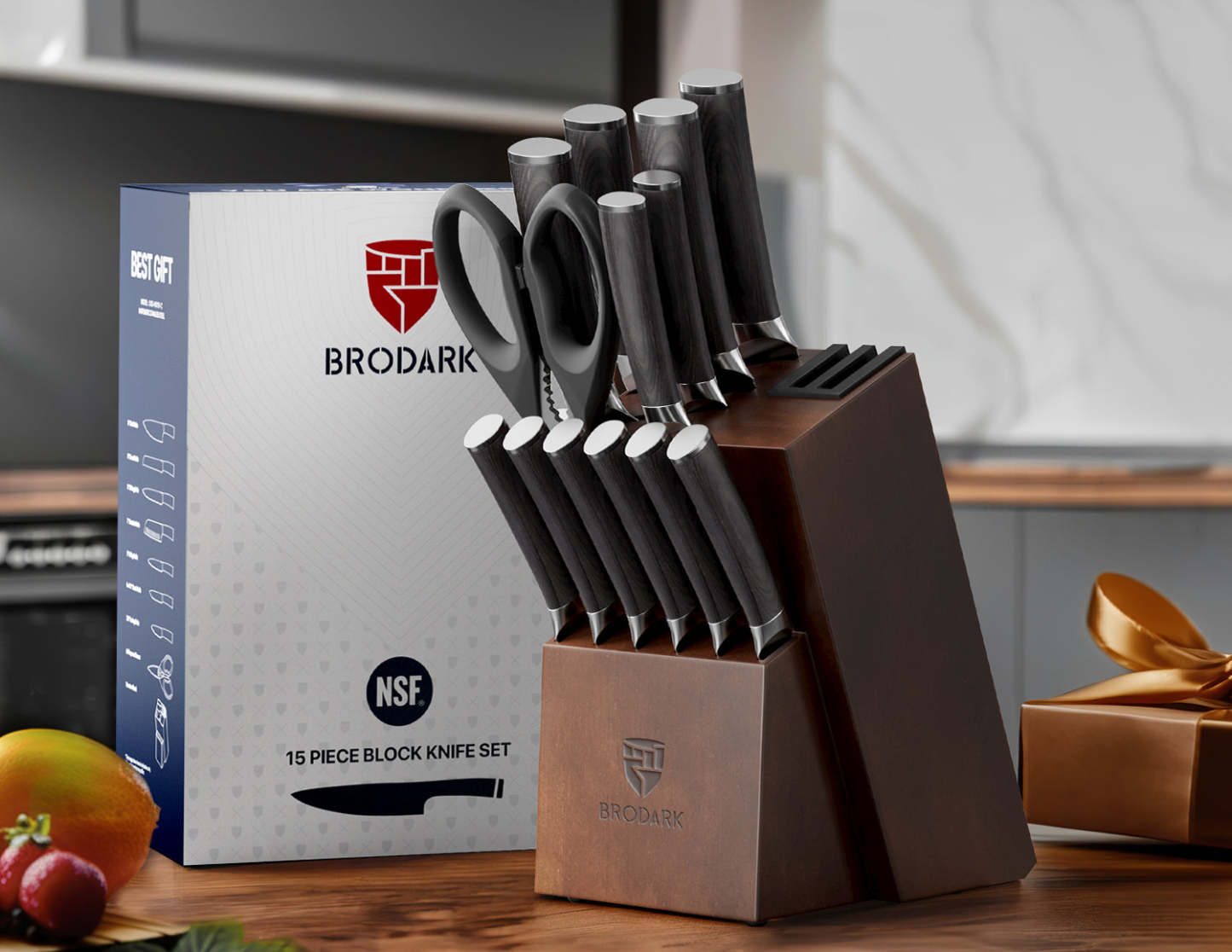 Kitchen Knife Set with Block 15PCS - Wooden Handle - Brodark