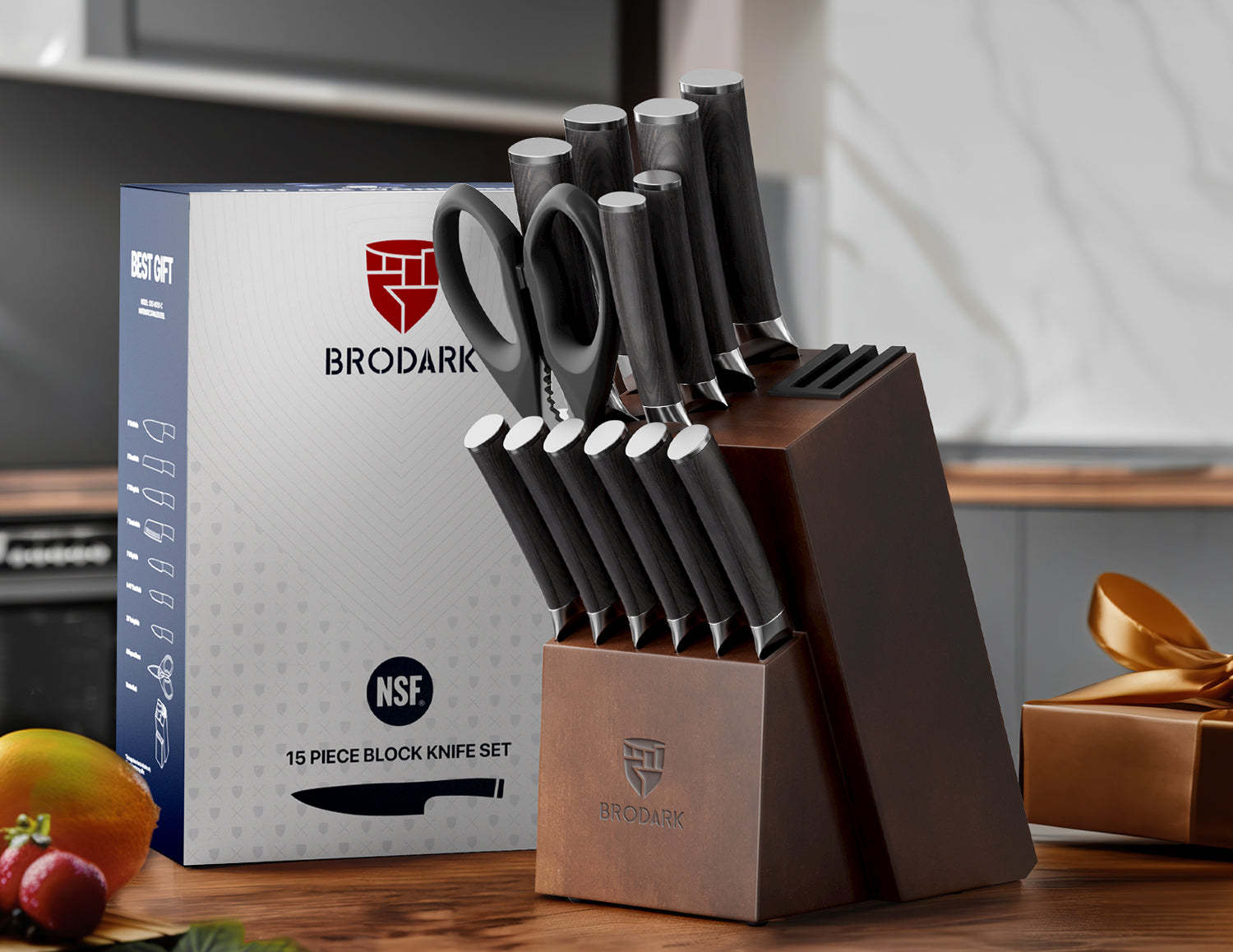 Kitchen Knife Set with Block 15PCS - Wooden Handle - Brodark