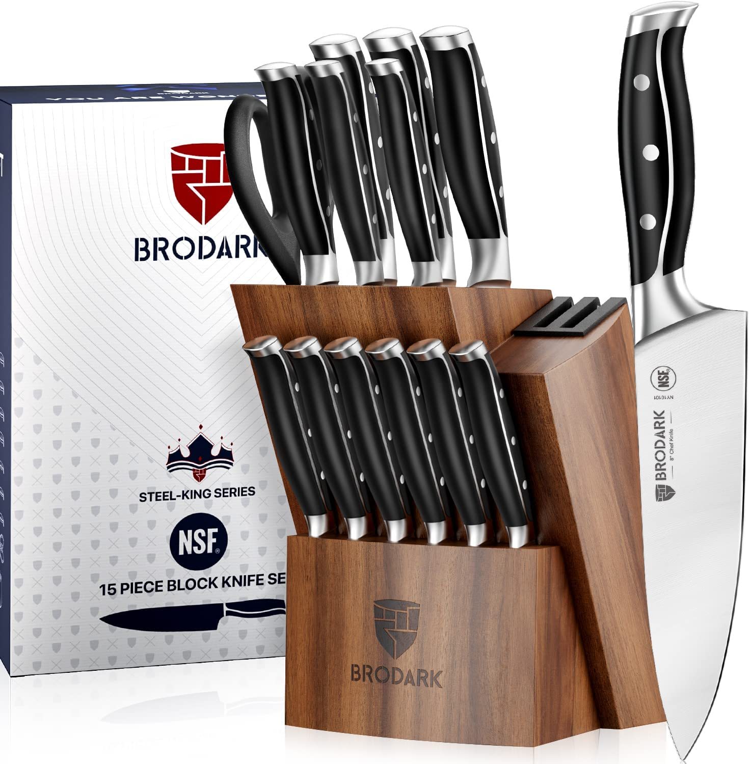 Kitchen Knife Set with Block 15PCS - Steel-King Series - Brodark