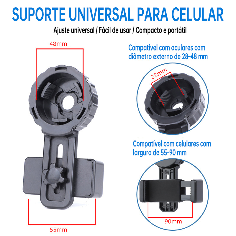 Suporte de celular para fotografia (universal, compatível com diâmetro externo de 28–48 mm)