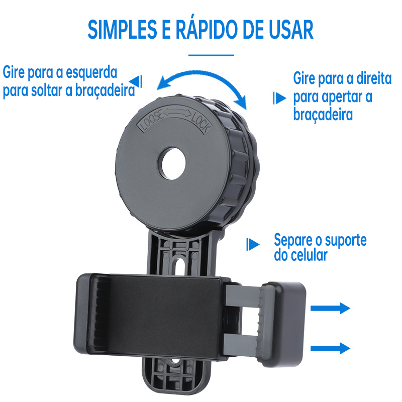 Suporte de celular para fotografia (universal, compatível com diâmetro externo de 28–48 mm)