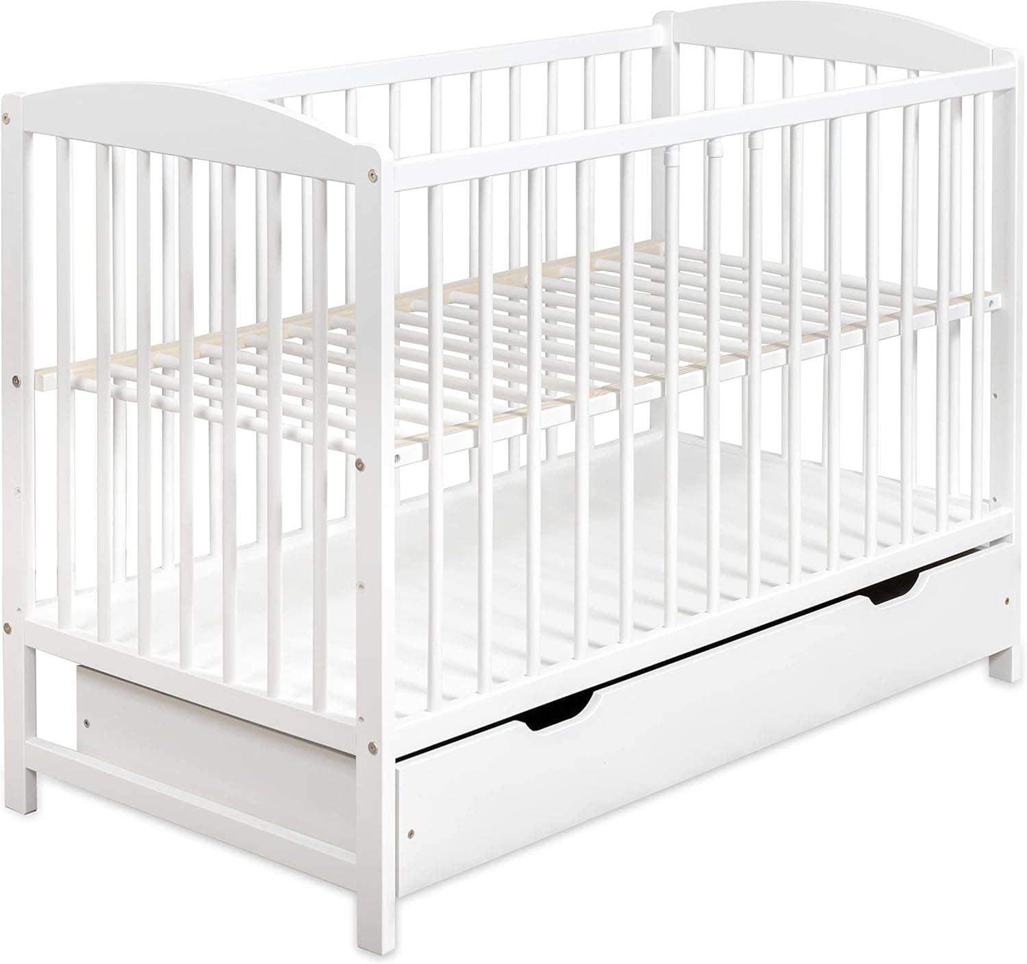 NEXAMARKET Kinderbett Babybett 60x120 cm – Gitterbett mit Schublade, Höhenverstellbarem Lattenrost und Schlupfsprossen, Umbaubar zum Juniorbett – Weiß