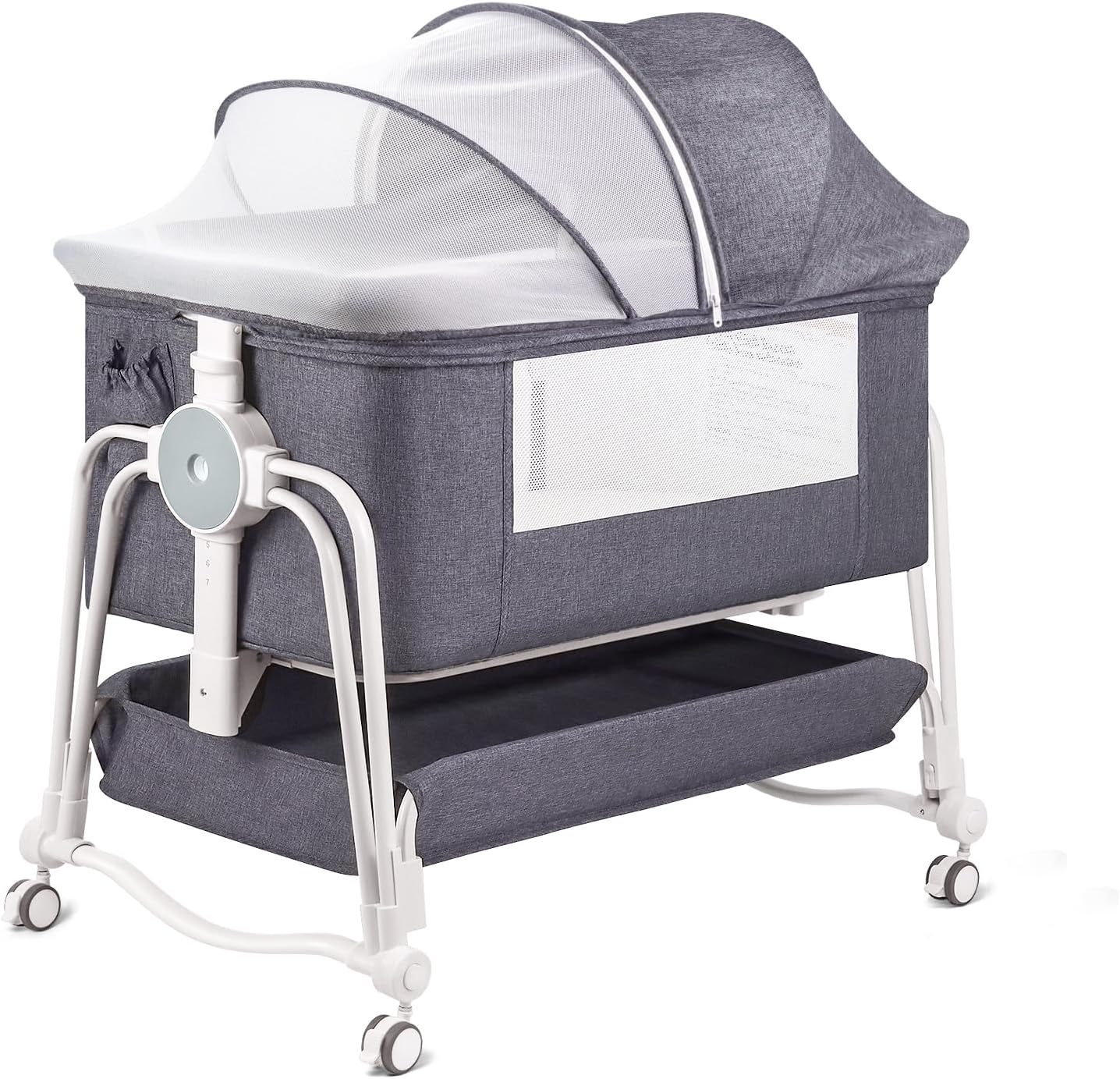 NEXAMARKET 4 In 1 Beistellbett Baby, Reisebett Baby mit Matratze, Babybett 7 Fach höhenverstellbar mit Aufbewahrungskorb & Tragetasche, Licht Kinderbett mit Rollen, Matratze und Moskitonetz（Grau）