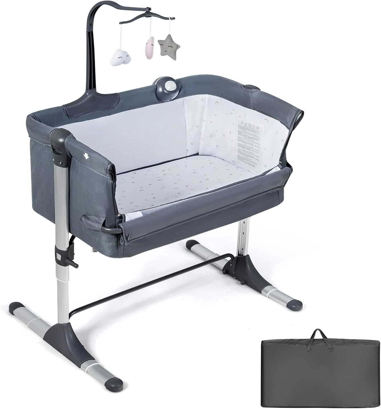 NEXAMARKET 2 in 1 Babybett & Beistellbett, Höhenverstellbar & Klappbar Reisebett mit Matratze, Spieluhr, Spielzeug & Tragetasche, Kinderbett für Baby 0-6 Monate bis 9 kg belastbar (Modell 1, 97 x 57 cm)