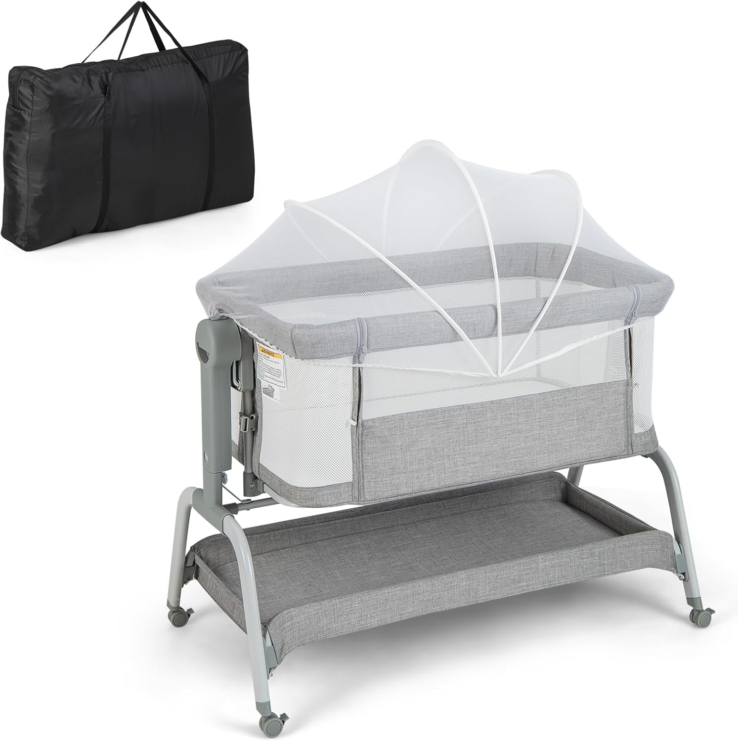 NEXAMARKET 4 in 1 Babybett mit Moskitonetz, Beistellbett & Babywiege & Stubenwagen & Reisebett mit Matratze, 6 verstellbaren Höhen, Tragetasche, mobiles Kinderbett faltbar für Baby bis 6 Monaten (Grau)