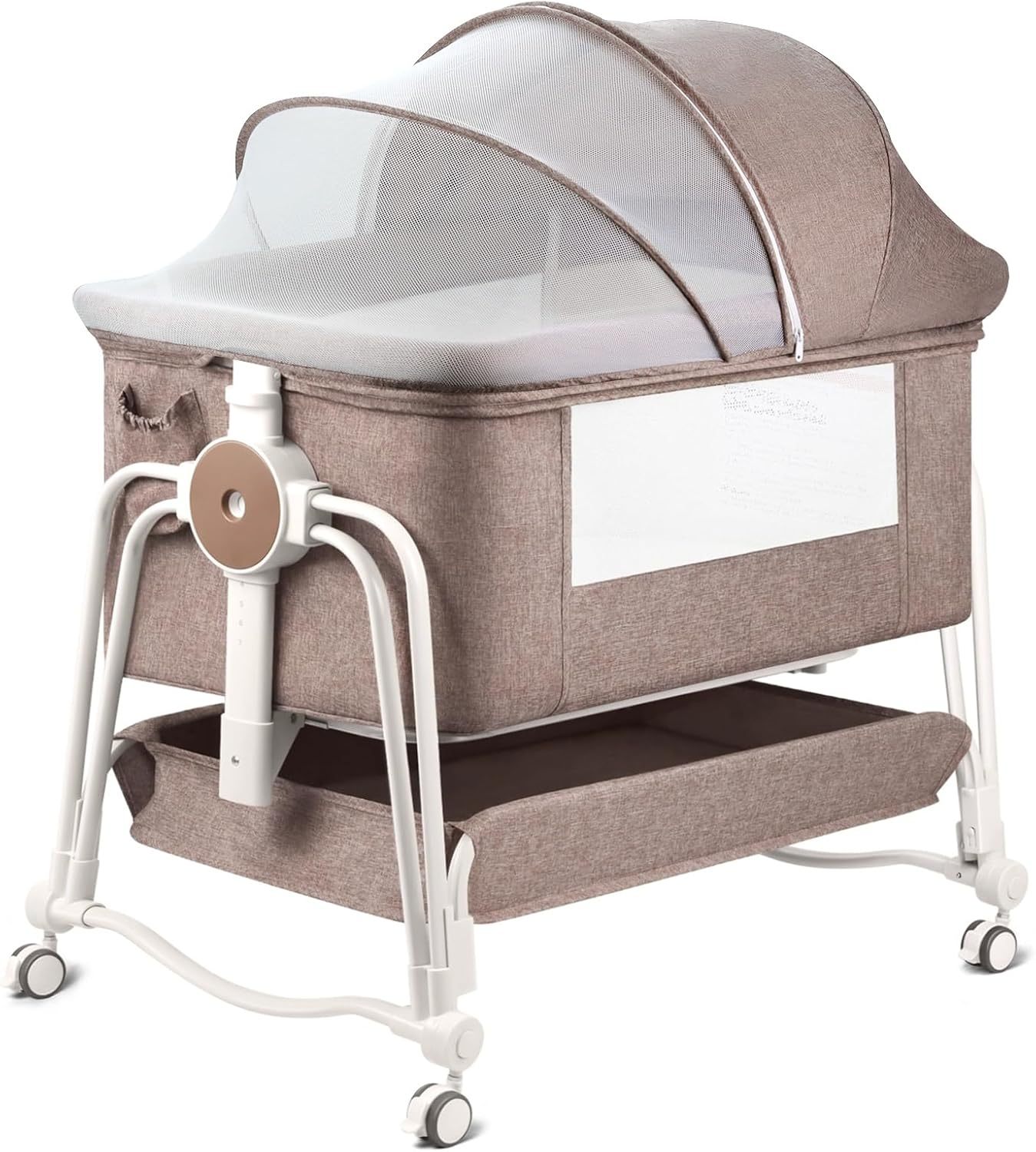 NEXAMARKET 4 In 1 Beistellbett Baby, Reisebett Baby, Babybett 7 Fach höhenverstellbar mit Aufbewahrungskorb & Tragetasche, Licht Kinderbett mit Rollen, Matratze und Moskitonetz（Khaki）