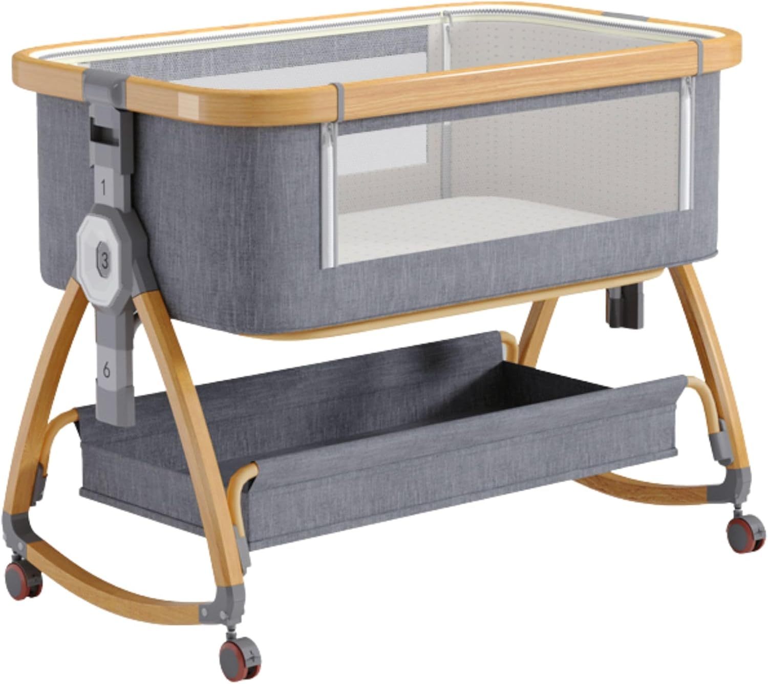 NEXAMARKET 3in1 Baby Beistellbett Reisebett, Babybetten, Mit Rollen, Sechs Ebenen Stufen Höhenverstellung, Wiege, Höhenverstellug und Einstellung der Neigung der Matratze (Goldgrau)