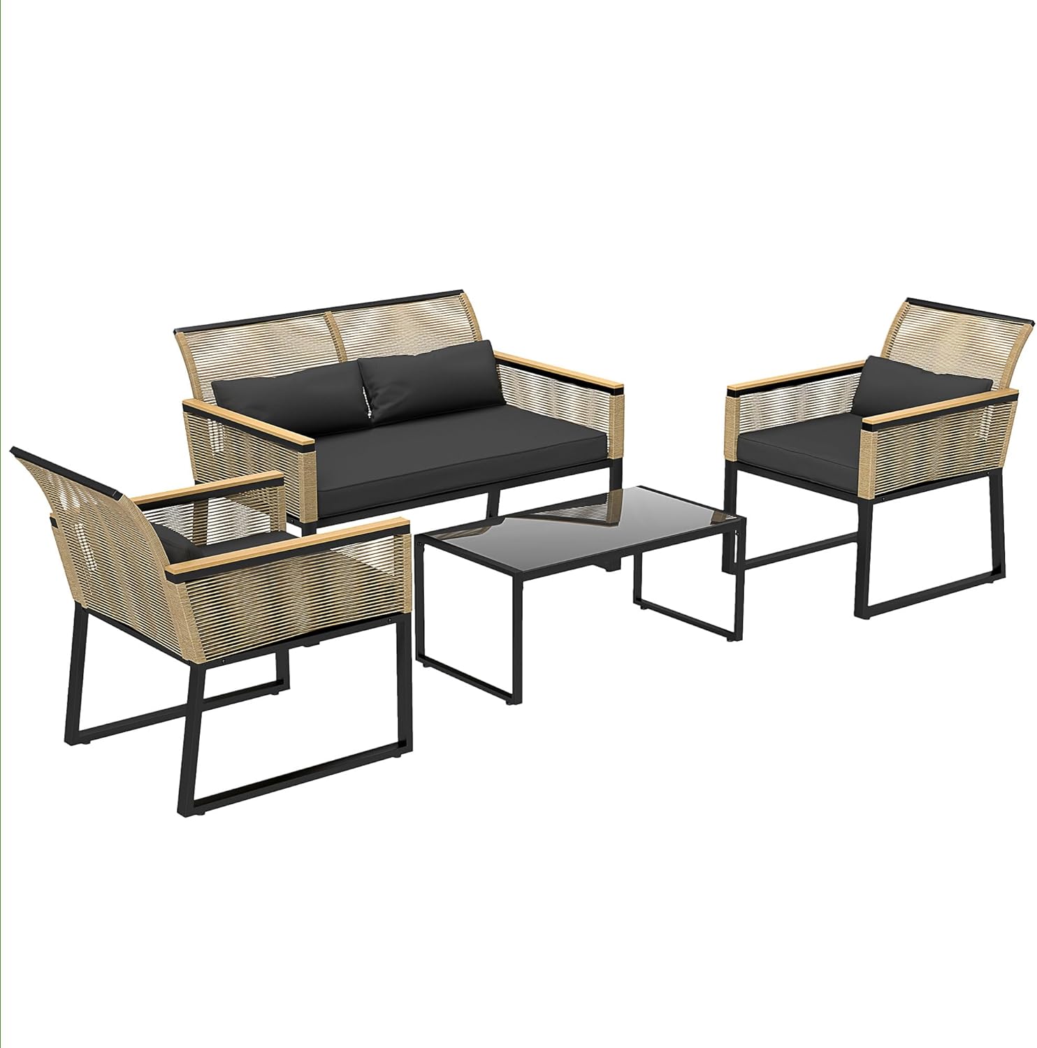 NEXAMARKET Polyrattan Gartenmöbel Set 4 Personen, wetterfest Balkonmöbel-Set mit 2er Sofa, 2 Stühle Glastisch Sitzkissen, Outdoor Sitzgruppe, Terrassenmöbel Gartengarnitur für Garten Balkon, Schwarz