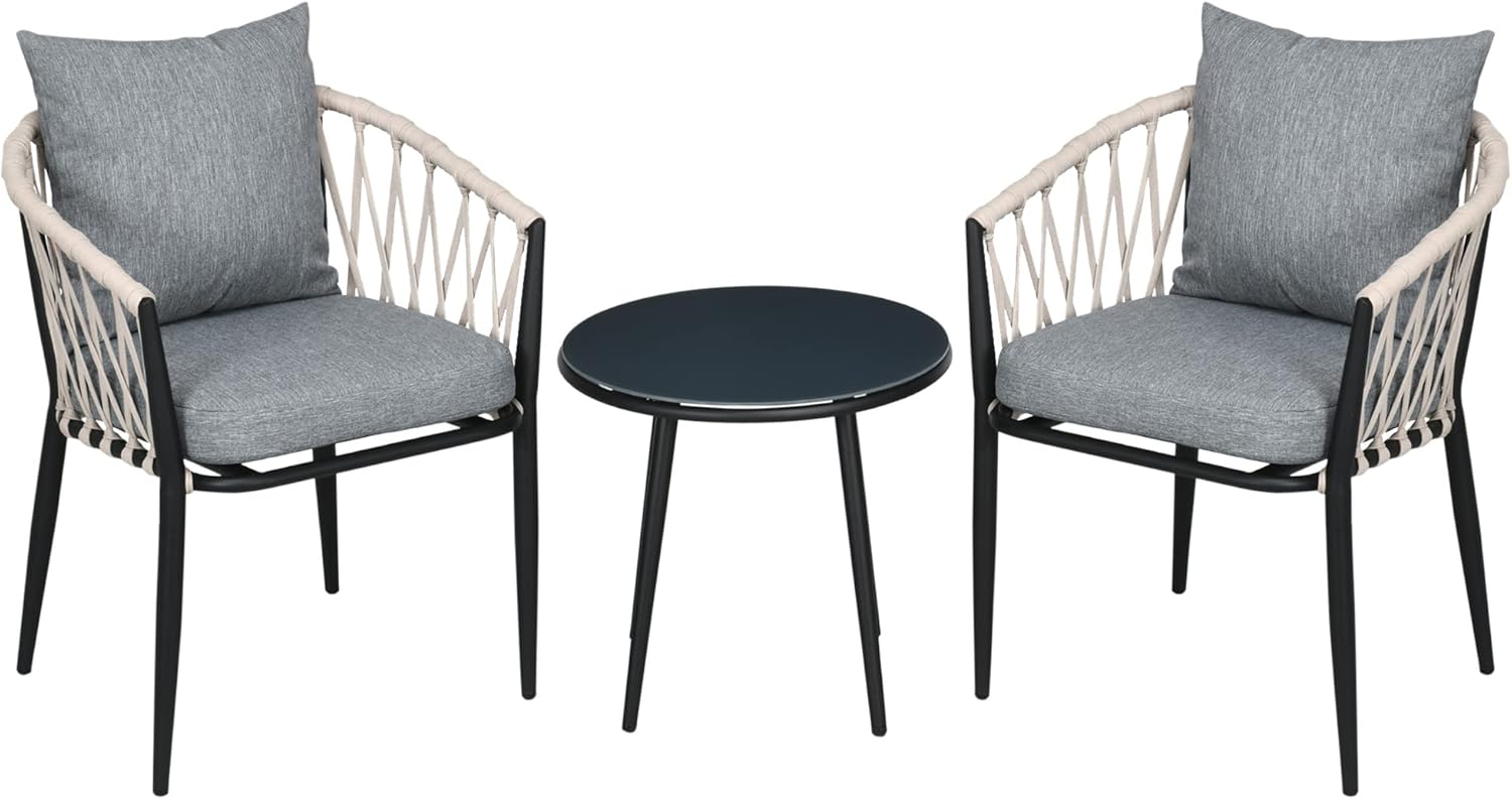 NEXAMARKET 3tlg. Gartenmöbel Set, Garten-Bistroset inkl. 1 Tisch, 2 Stühlen mit Sitzkissen, Balkon-Set, Gartengarnitur für Terrasse, Balkon, Stahl, Grau