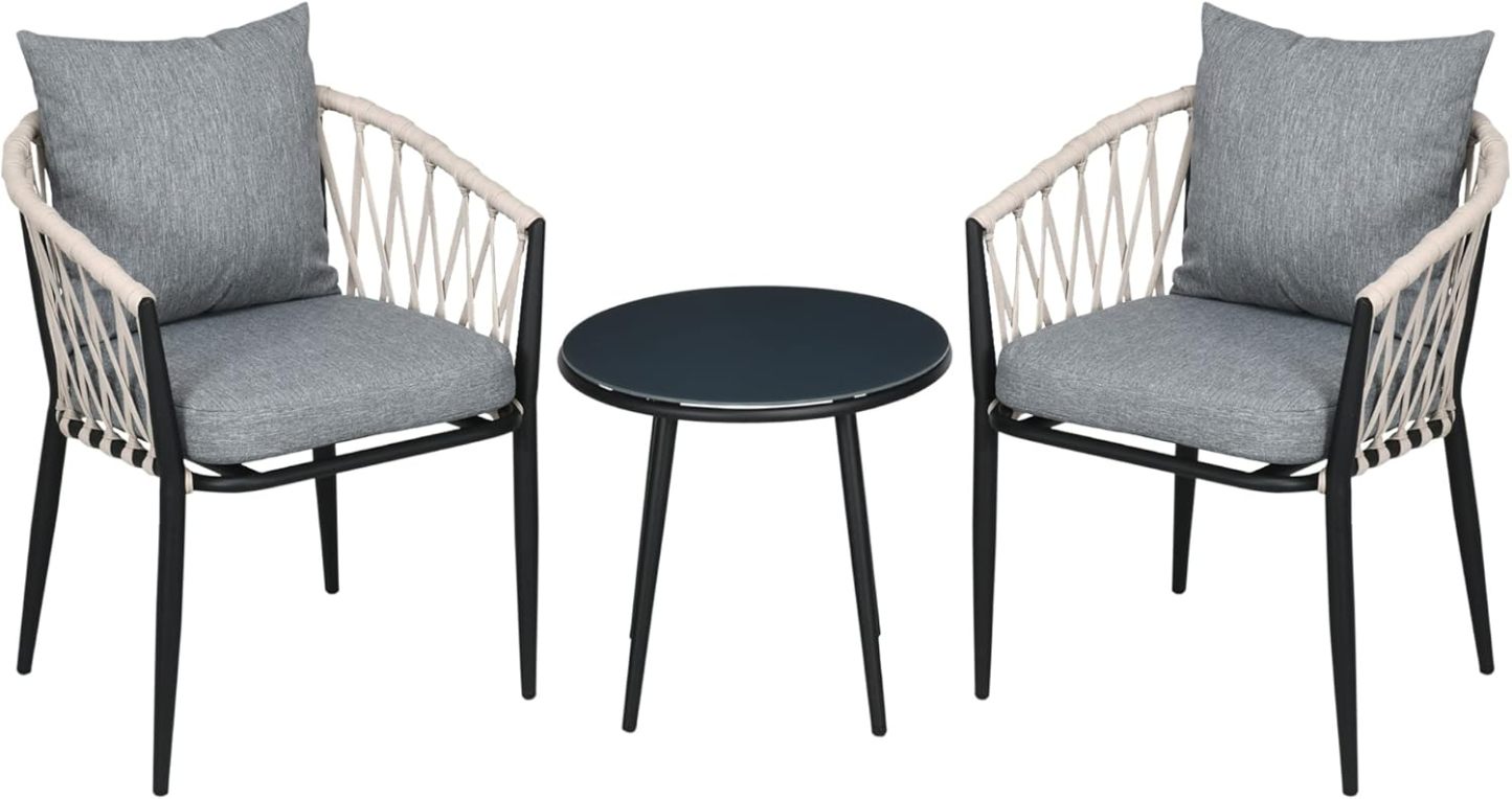 NEXAMARKET 3tlg. Gartenmöbel Set, Garten-Bistroset inkl. 1 Tisch, 2 Stühlen mit Sitzkissen, Balkon-Set, Gartengarnitur für Terrasse, Balkon, Stahl, Grau