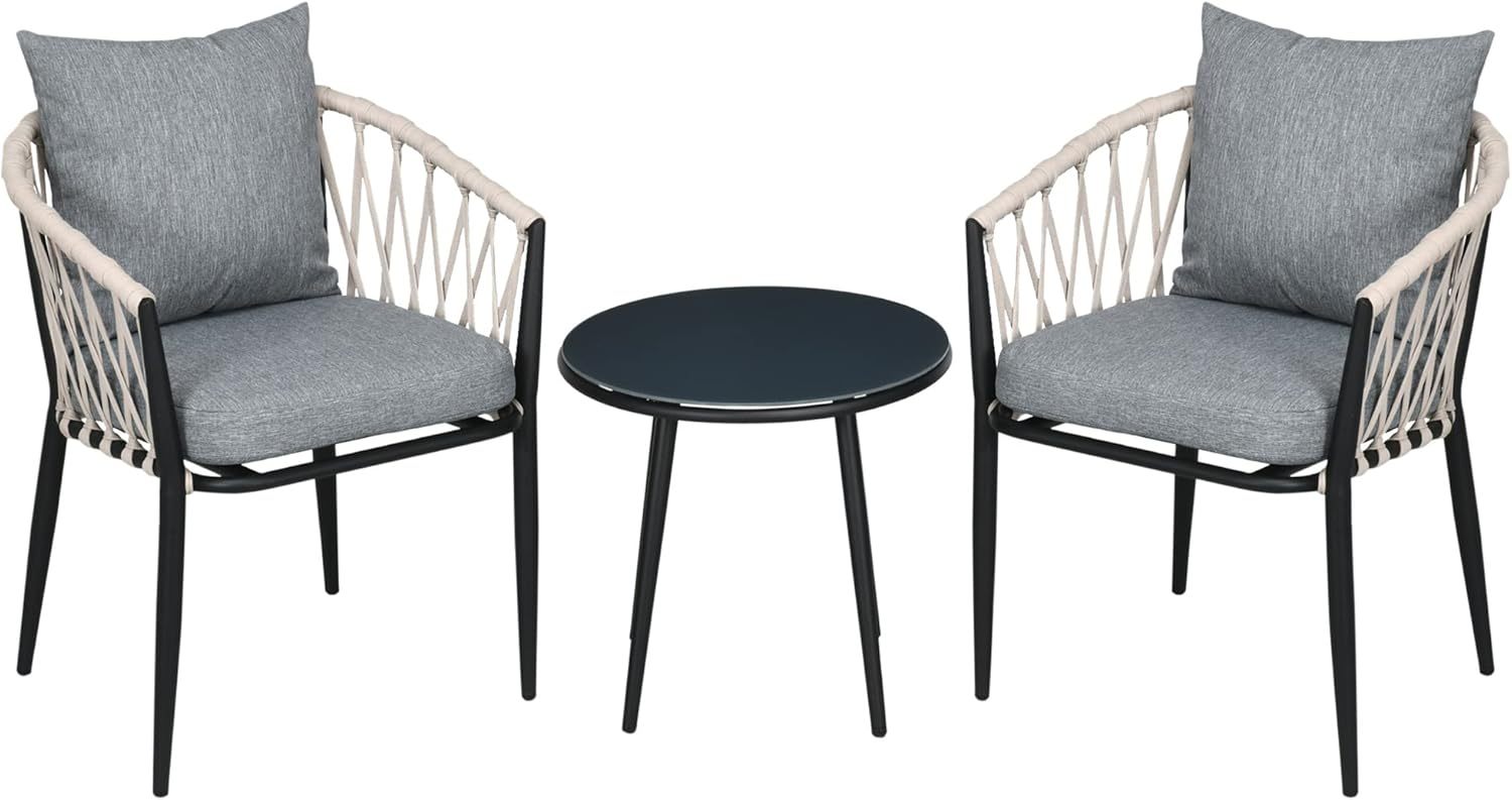 NEXAMARKET 3tlg. Gartenmöbel Set, Garten-Bistroset inkl. 1 Tisch, 2 Stühlen mit Sitzkissen, Balkon-Set, Gartengarnitur für Terrasse, Balkon, Stahl, Grau