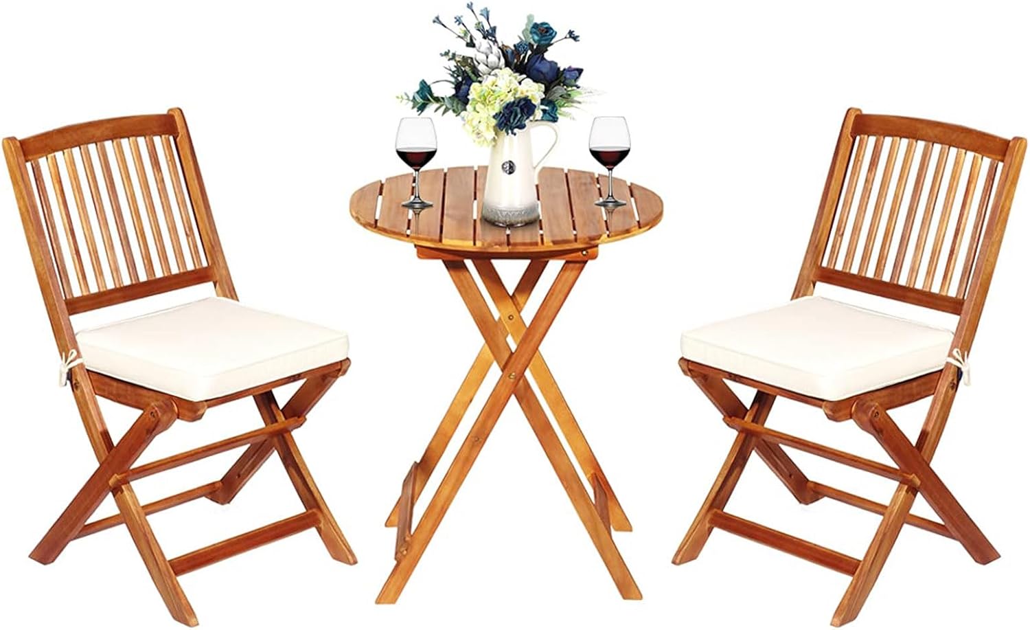 NEXAMARKET 3-TLG. Terrassenmöbel-Set, Gartenmöbel-Set klappbar mit Rundem Tisch & 2 Stühlen, Ergonomische Sitzgarnitur aus Akazienholz mit 2 Kissen, Bistroset für Balkon Garten Terrasse Hinterhof (Beige)