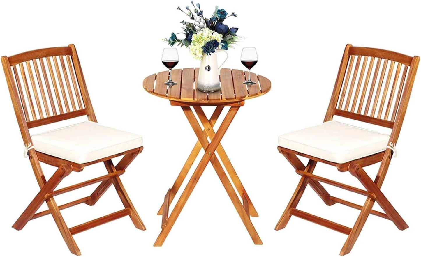 NEXAMARKET 3-TLG. Terrassenmöbel-Set, Gartenmöbel-Set klappbar mit Rundem Tisch & 2 Stühlen, Ergonomische Sitzgarnitur aus Akazienholz mit 2 Kissen, Bistroset für Balkon Garten Terrasse Hinterhof (Beige)