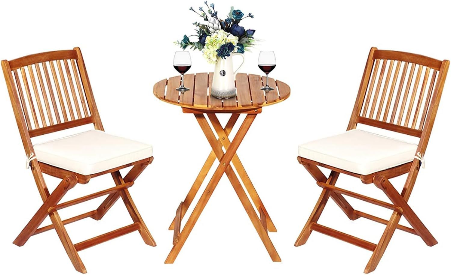 NEXAMARKET 3-TLG. Terrassenmöbel-Set, Gartenmöbel-Set klappbar mit Rundem Tisch & 2 Stühlen, Ergonomische Sitzgarnitur aus Akazienholz mit 2 Kissen, Bistroset für Balkon Garten Terrasse Hinterhof (Beige)