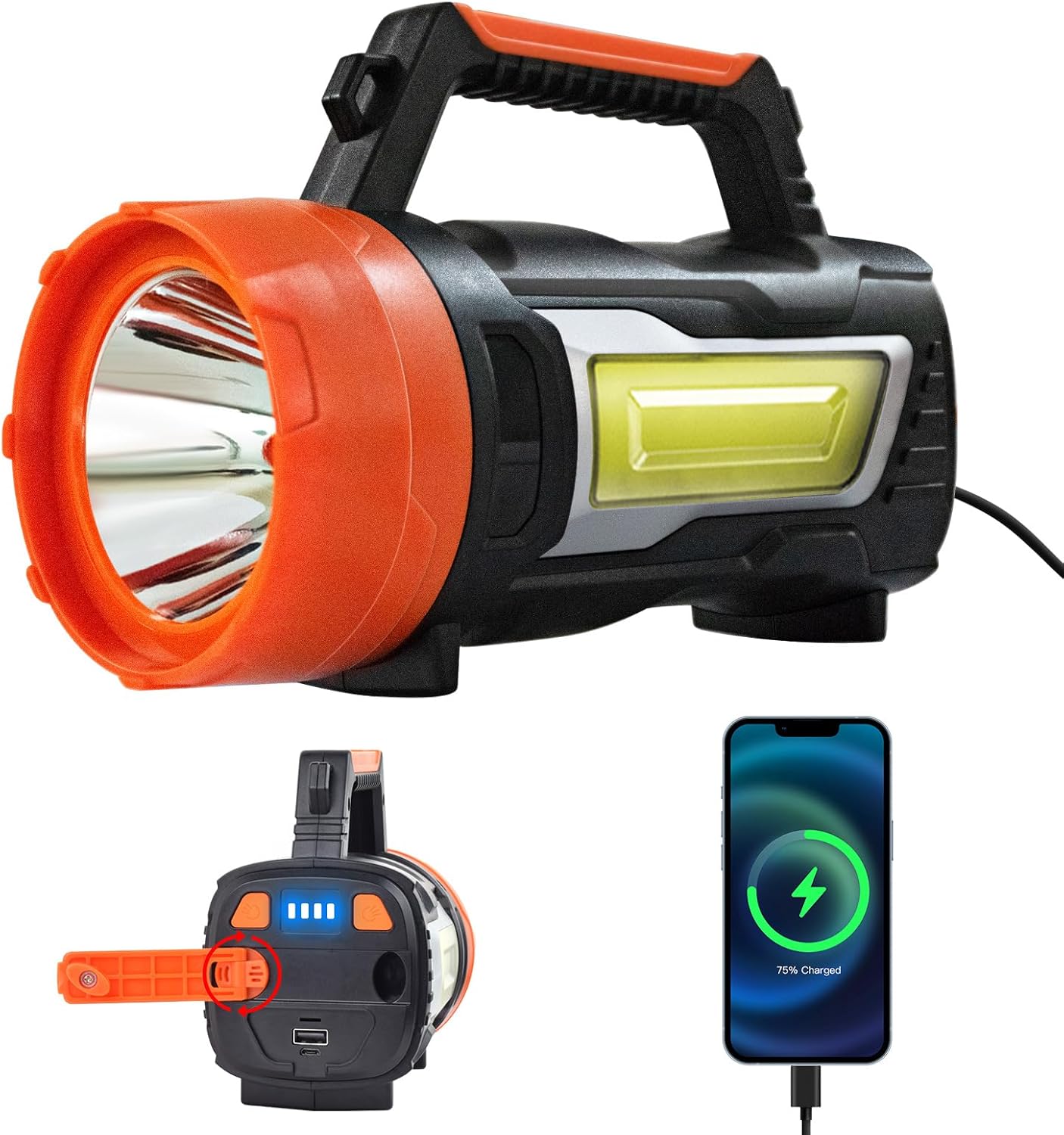 NEXAMARKET LED Handscheinwerfer Akku, Handkurbel Wiederaufladbare Taschenlampe, 7000 Lumens mit 6 Modi, USB-Kabel, IPX4 Wasserdicht LED Handscheinwerfer Aufladbar für Camping/Notfall/Haushalt [Energieklasse A]