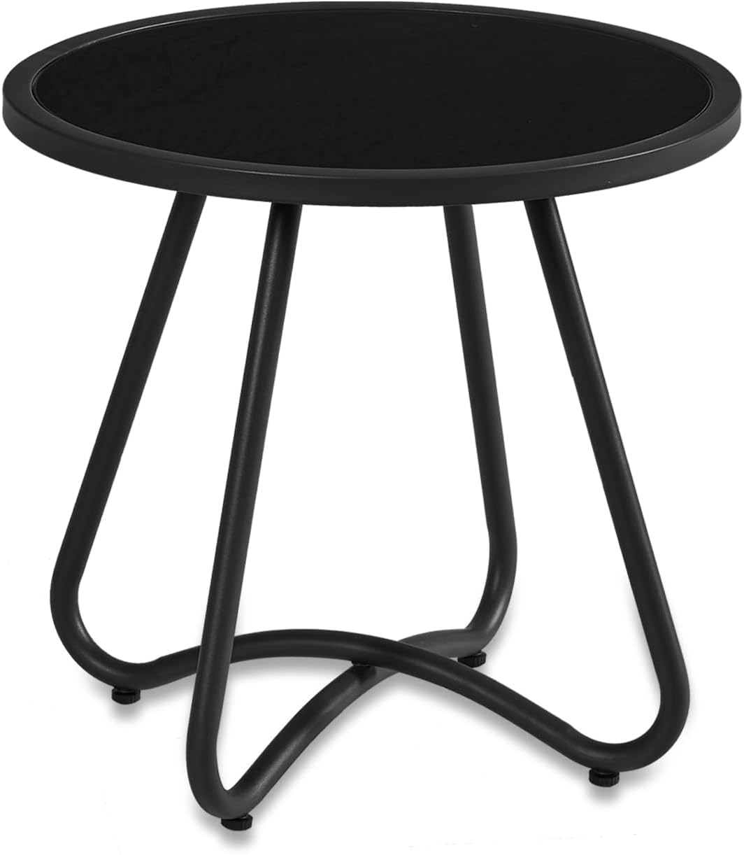 NEXAMARKET Outdoor-Beistelltische, Kleiner Gartentisch, runder Terrassen-Beistelltisch aus Stahl, Akzent-Beistelltisch für Terrasse, Hof, Garten, Innen- und Außenbereich (Tischplatte aus gehärtetem Glas)