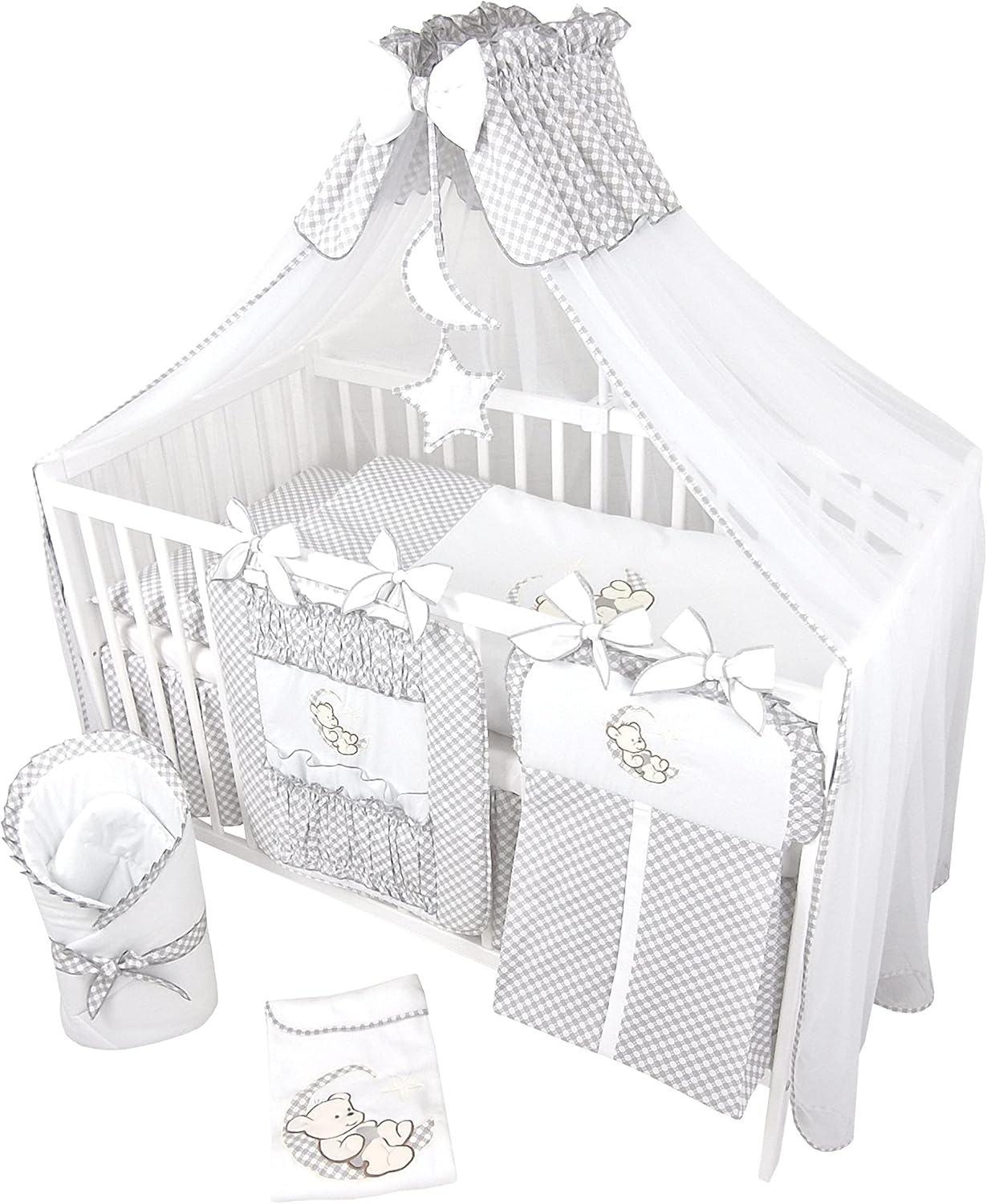 NEXAMARKET 16 Teiliges Babybett Kinderbett und Bettwäsche komplett Set Timmi inkl. Matratze höhenverstellbar für Neugeborene Babys und Kleinkinder aus Massivholz (Grau - Teddybär Mond)