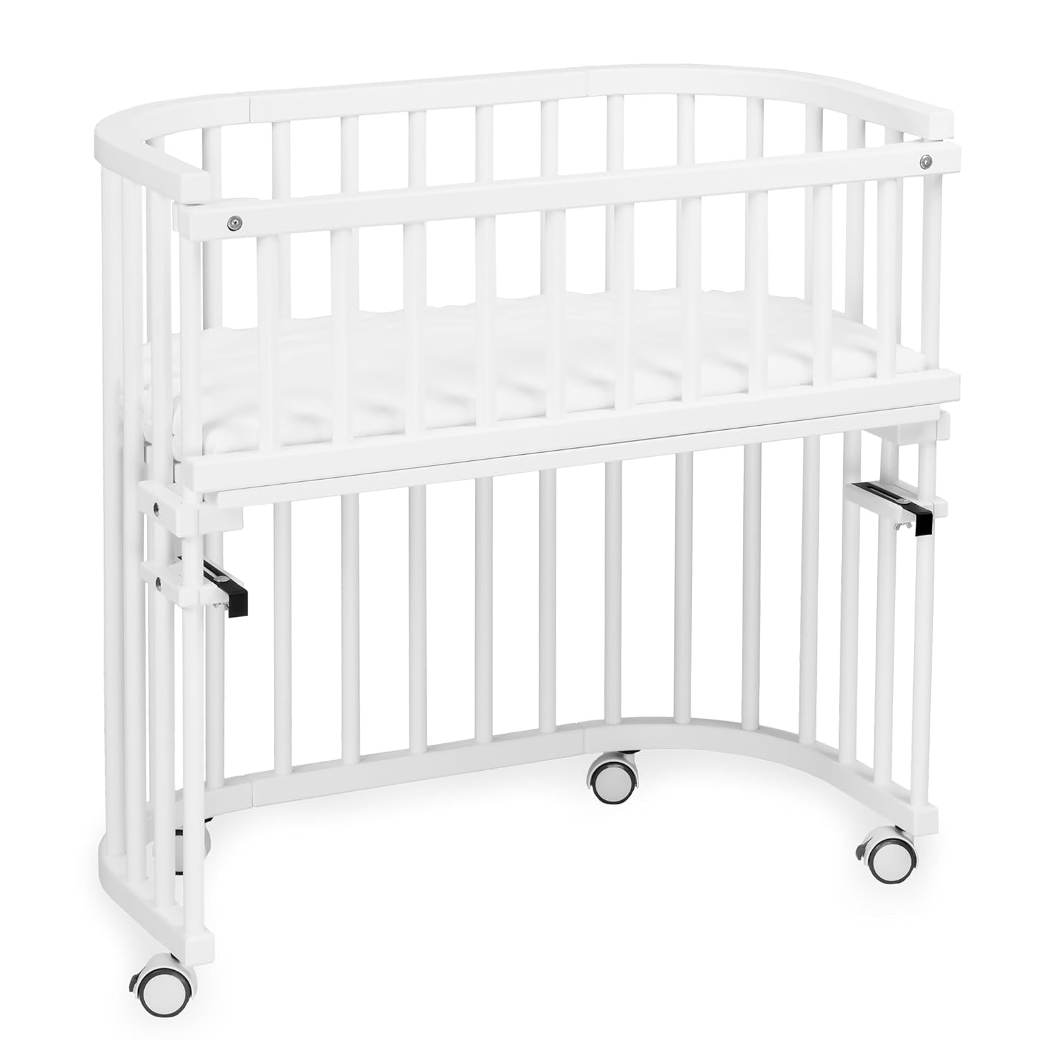 NEXAMARKET Maxi extra großes Beistellbett aus massivem Buchenholz/Kinderbett Höhe stufenlos verstellbar & umweltfreundlich/mit Matratze, Gitter, Rollen (weiß lackiert)