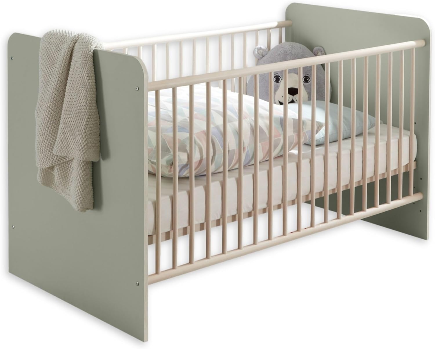 NEXAMARKET PRIZZI Sicheres Babybett 70x140 cm in Pastellgrün/Aurum Optik - Funktionales Baby Gitterbett mit höhenverstellbarem Lattenrost - 78 x 88 x 143 cm (B/H/T)