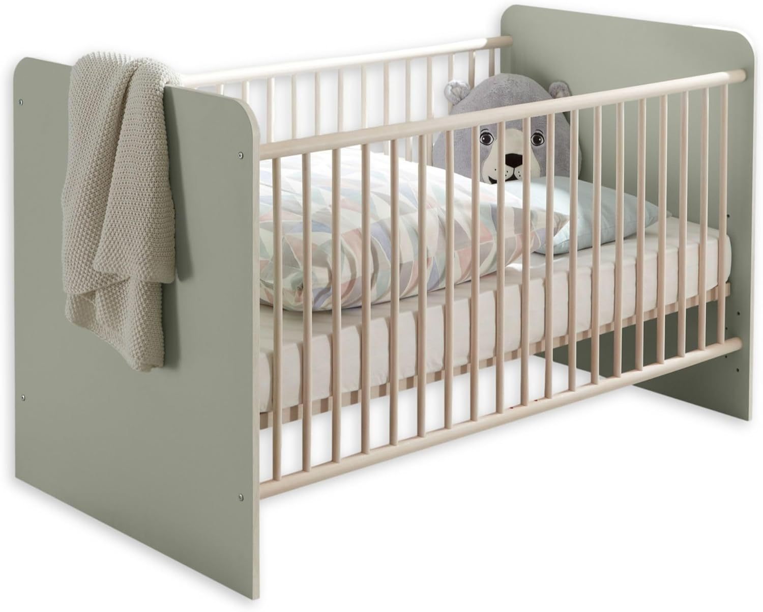 NEXAMARKET PRIZZI Sicheres Babybett 70x140 cm in Pastellgrün/Aurum Optik - Funktionales Baby Gitterbett mit höhenverstellbarem Lattenrost - 78 x 88 x 143 cm (B/H/T)