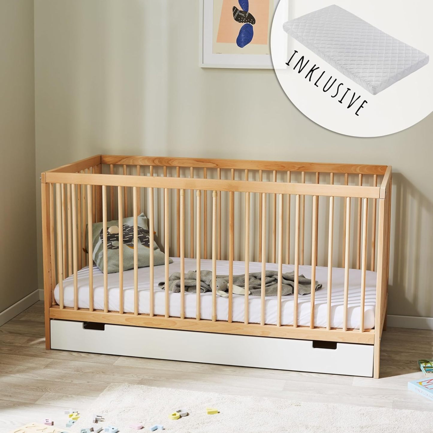 NEXAMARKET Babybett Kinderbett Gitterbett 70x140 höhenverstellbar & herausnehmbare Sprossen, mit Schublade und Matratze | Buchenholz Natur sehr stabil Made in Europe