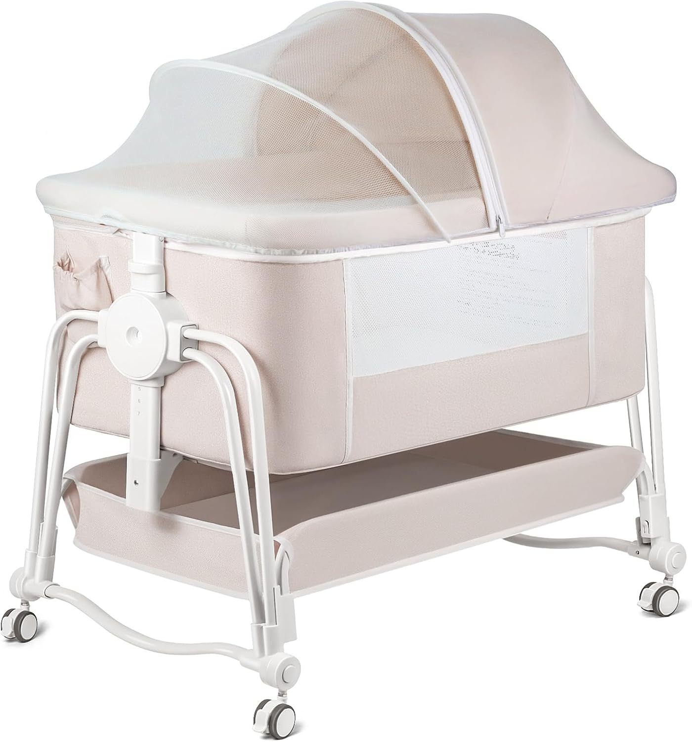 NEXAMARKET 4 In 1 Beistellbett Baby, Babybett, Reisebett Baby mit Matratze, Beistellbett 7 Fach höhenverstellbar mit Aufbewahrungskorb, Tragbarer Stubenwagen mit Rollen, Moskitonetz（Cremefarben）