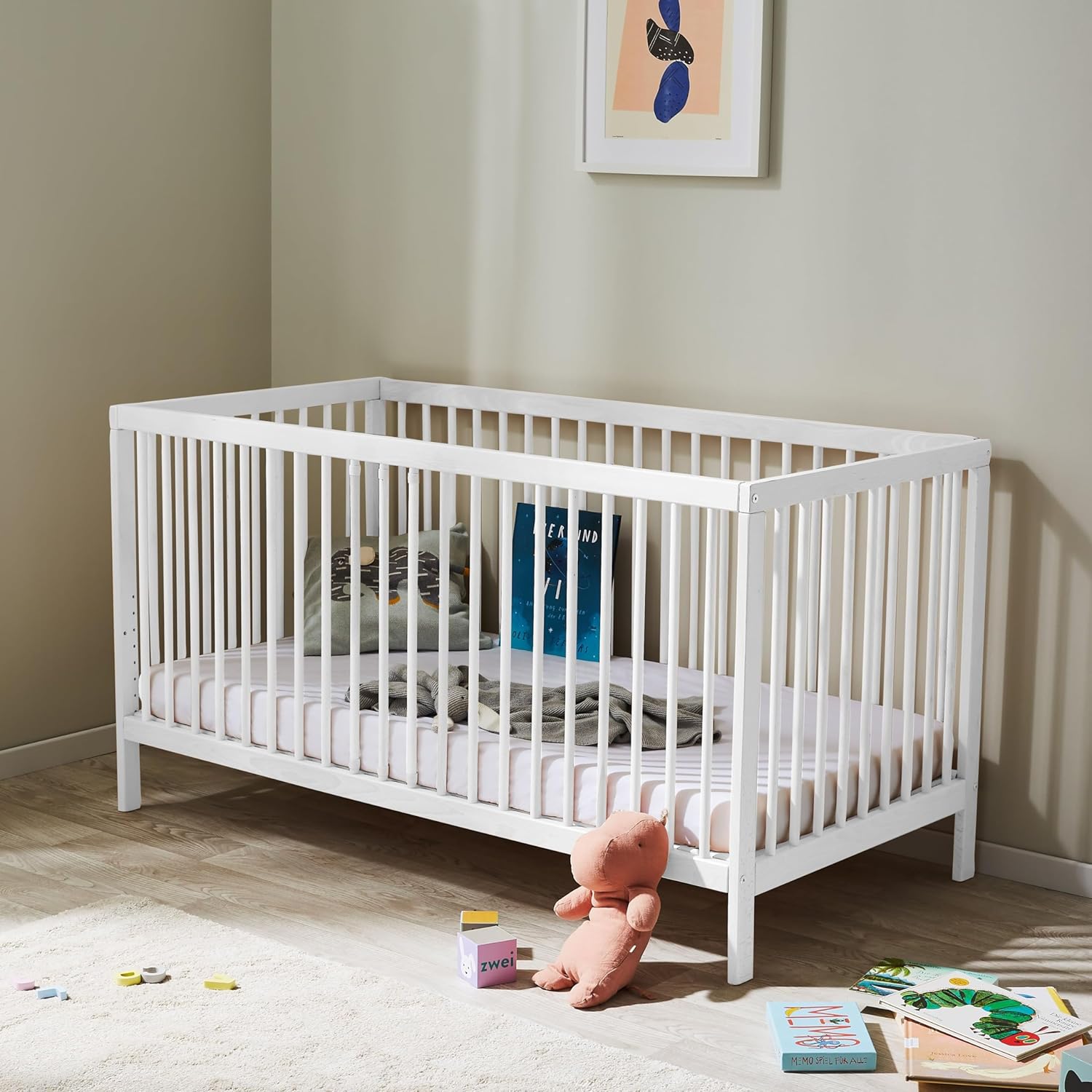 NEXAMARKET Babybett Kinderbett Gitterbett 60x120 höhenverstellbar & herausnehmbare Sprossen, optional mit Schublade und Matratze | Buchenholz Weiss sehr stabil Made in Europe