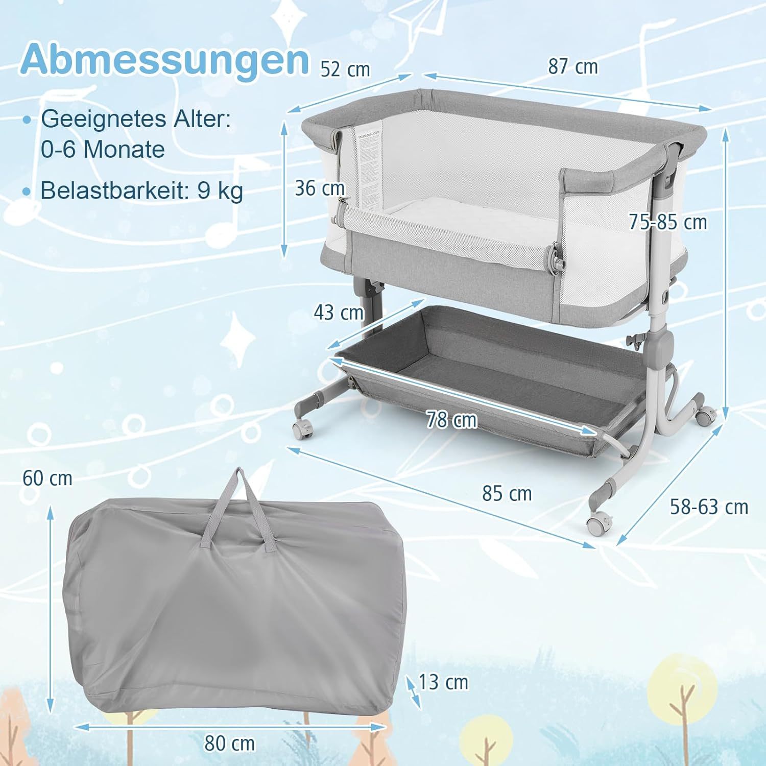 NEXAMARKET 3 in 1 Beistellbett, Reisebett Baby mit Matratze, Babybett 6 Fach höhenverstellbar mit Aufbewahrungskorb & Tragetasche, tragbarer Stubenwagen mit Rollen für Baby bis 6 Monaten (Grau)