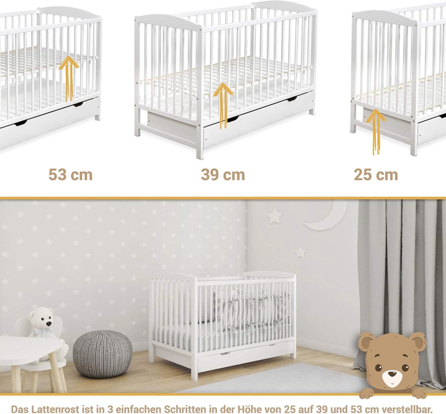 NEXAMARKET Kinderbett Babybett 60x120 cm – Gitterbett mit Schublade, Höhenverstellbarem Lattenrost und Schlupfsprossen, Umbaubar zum Juniorbett – Weiß