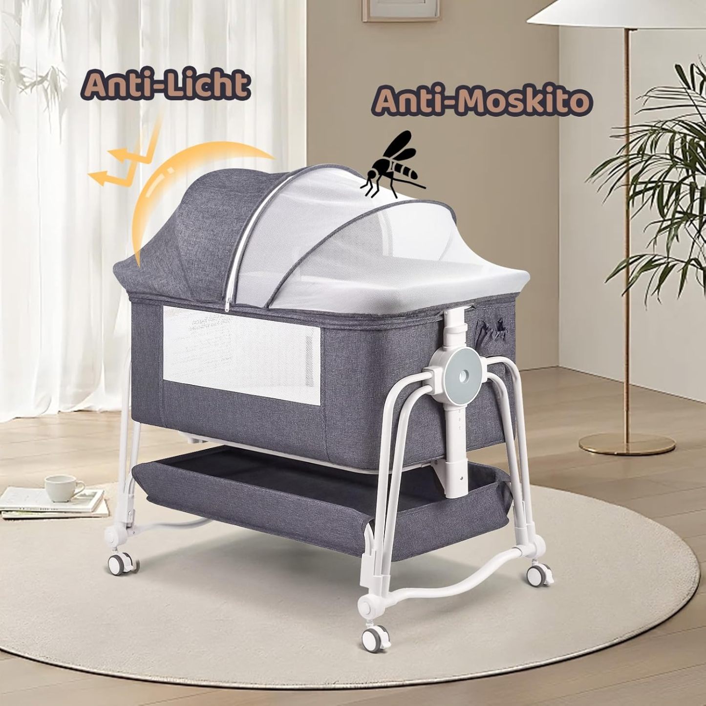 NEXAMARKET 4 In 1 Beistellbett Baby, Reisebett Baby mit Matratze, Babybett 7 Fach höhenverstellbar mit Aufbewahrungskorb & Tragetasche, Licht Kinderbett mit Rollen, Matratze und Moskitonetz（Grau）