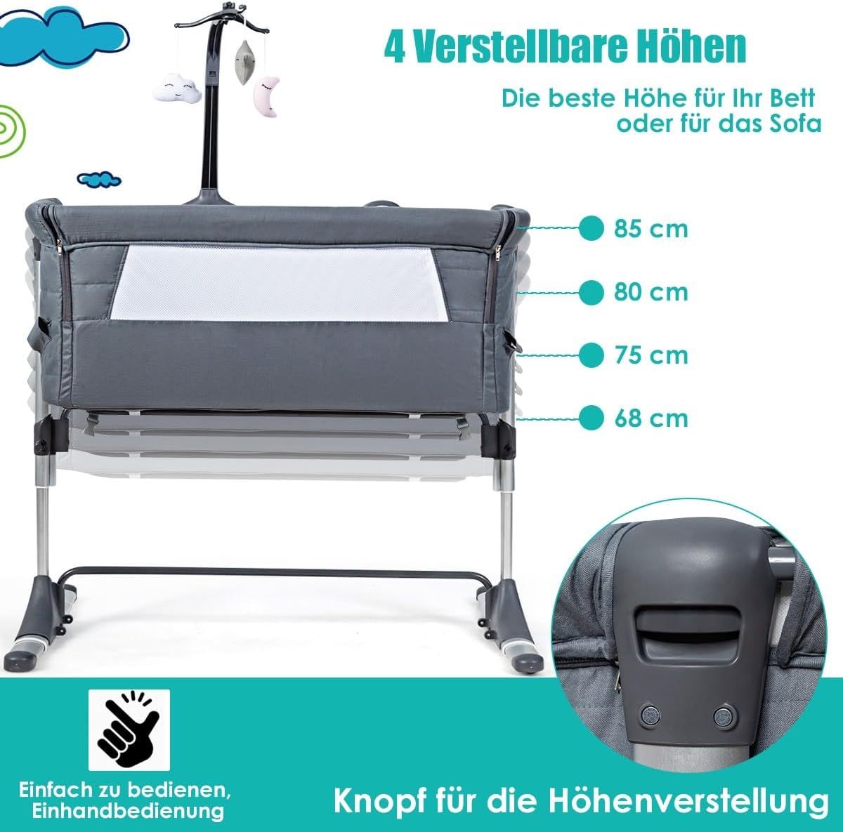 NEXAMARKET 2 in 1 Babybett & Beistellbett, Höhenverstellbar & Klappbar Reisebett mit Matratze, Spieluhr, Spielzeug & Tragetasche, Kinderbett für Baby 0-6 Monate bis 9 kg belastbar (Modell 1, 97 x 57 cm)