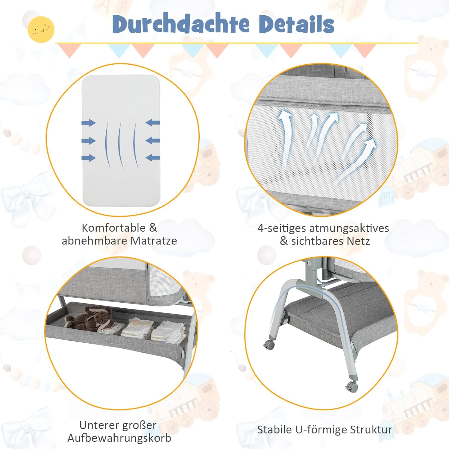 NEXAMARKET 4 in 1 Babybett mit Moskitonetz, Beistellbett & Babywiege & Stubenwagen & Reisebett mit Matratze, 6 verstellbaren Höhen, Tragetasche, mobiles Kinderbett faltbar für Baby bis 6 Monaten (Grau)