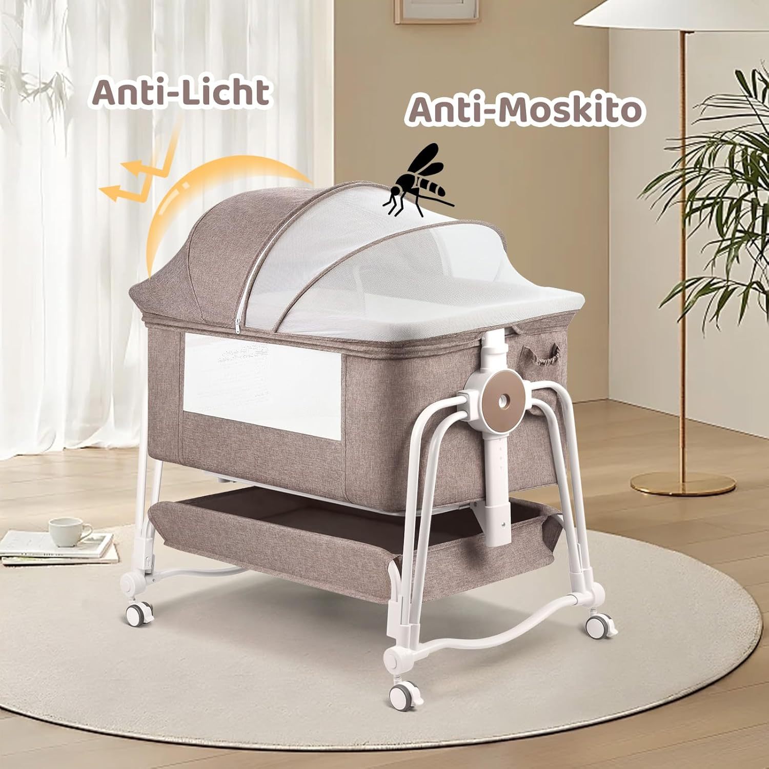 NEXAMARKET 4 In 1 Beistellbett Baby, Reisebett Baby, Babybett 7 Fach höhenverstellbar mit Aufbewahrungskorb & Tragetasche, Licht Kinderbett mit Rollen, Matratze und Moskitonetz（Khaki）
