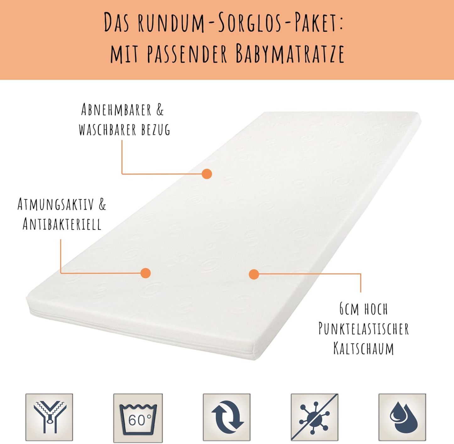NEXAMARKET Babybett Gitterbett mit Matratze & Teddybär Gravur 60x120 höhenverstellbar | herausnehmbare Sprossen Weiss Made in Europe