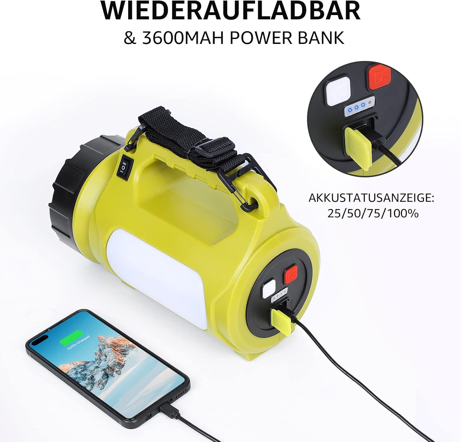 NEXAMARKET LE LED Handscheinwerfer, Taschenlampe Aufladbar CREE Akku Handlampe & Handstrahler mit Powerbank, 10W 1000 Lumen Campinglampe inkl. 3 Lichtmodi 2 Helligkeitsstufen, USB-Kabel für Notfall Camping usw.