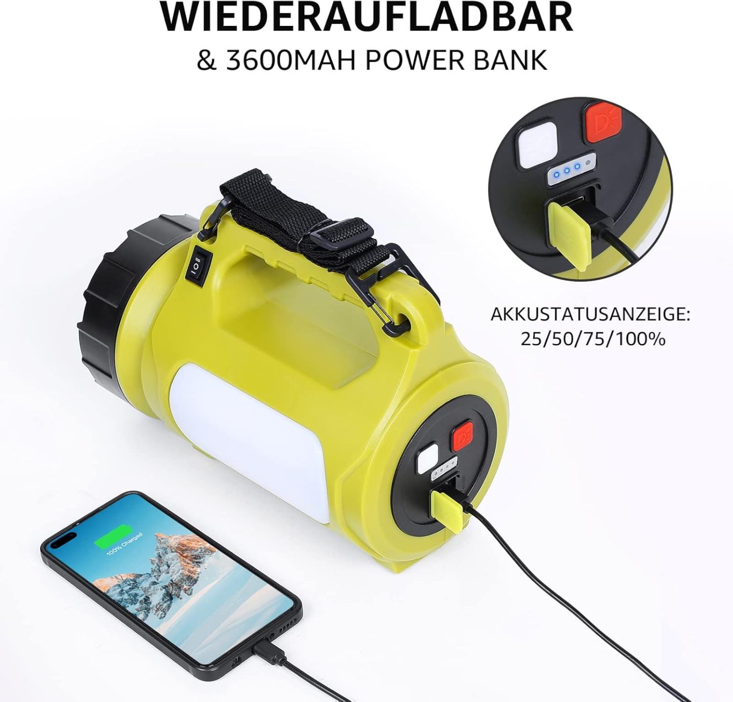 NEXAMARKET LE LED Handscheinwerfer, Taschenlampe Aufladbar CREE Akku Handlampe & Handstrahler mit Powerbank, 10W 1000 Lumen Campinglampe inkl. 3 Lichtmodi 2 Helligkeitsstufen, USB-Kabel für Notfall Camping usw.