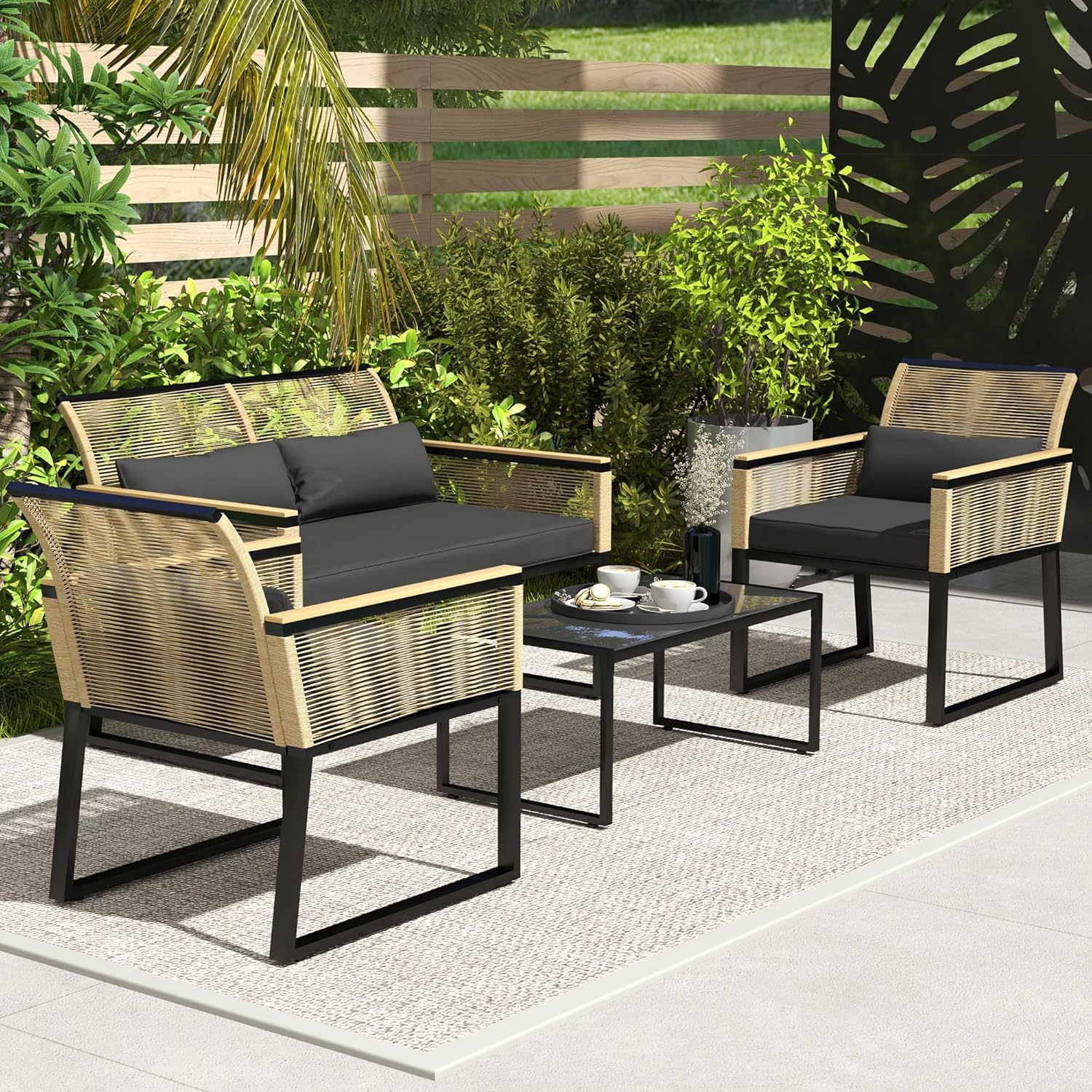 NEXAMARKET Polyrattan Gartenmöbel Set 4 Personen, wetterfest Balkonmöbel-Set mit 2er Sofa, 2 Stühle Glastisch Sitzkissen, Outdoor Sitzgruppe, Terrassenmöbel Gartengarnitur für Garten Balkon, Schwarz